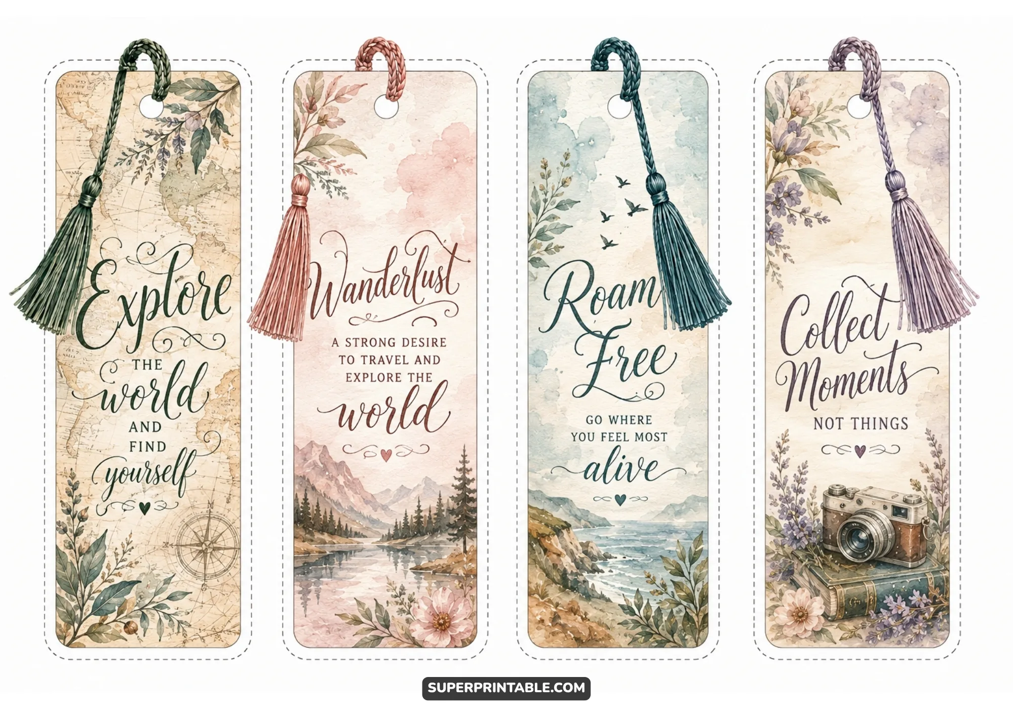 Wanderlust bookmark set with travel quotes, maps, mountains, flowers, and ocean scenes