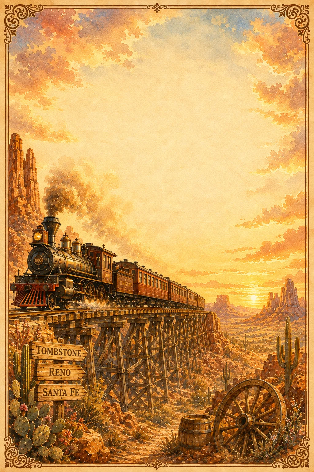 Autumn countryside train station surrounded by fall foliage in washed paper border.