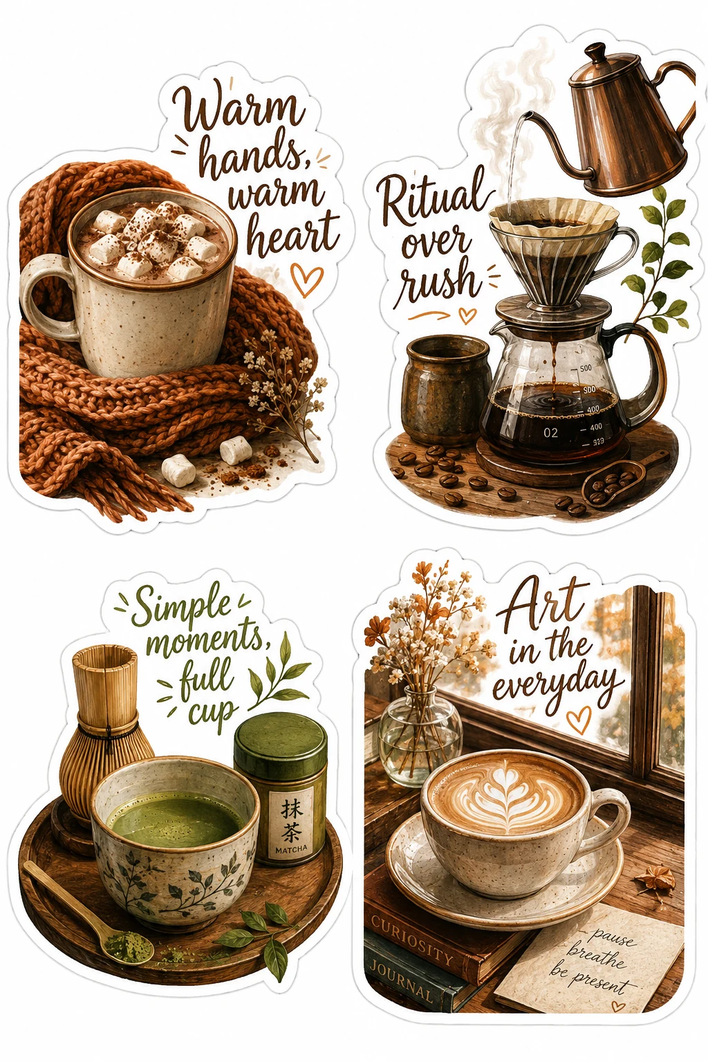 Warm Hands Ritual Over Rush Matcha Sheet featuring cozy coffee aesthetic, tea time rituals, espresso drinks, and bakery cafes.