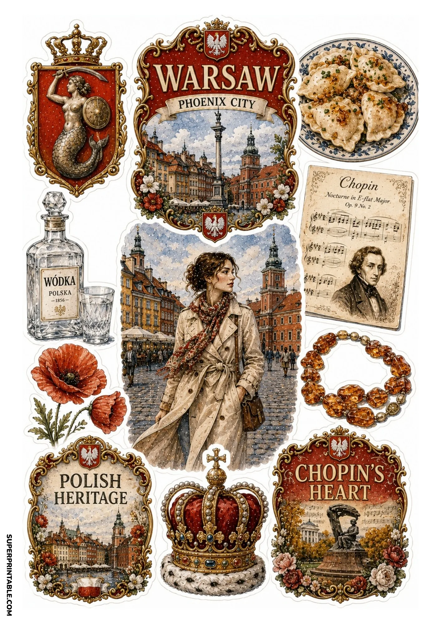 Warsaw Poland sticker sheet showing Royal Castle, Polish pierogi, and Chopin music