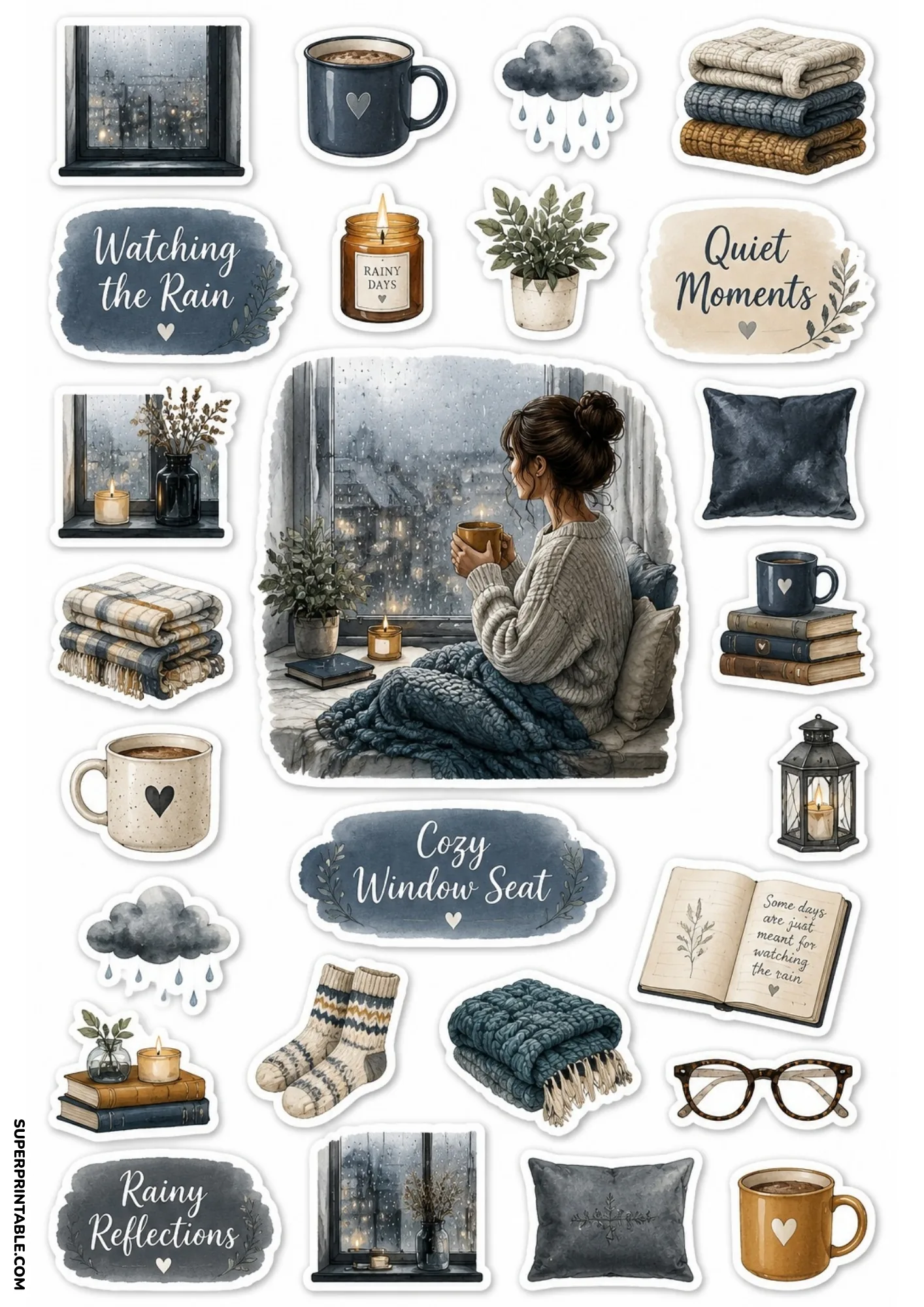 Moody rain stickers featuring a woman holding a hot mug sitting on a cozy window sill looking at rain.