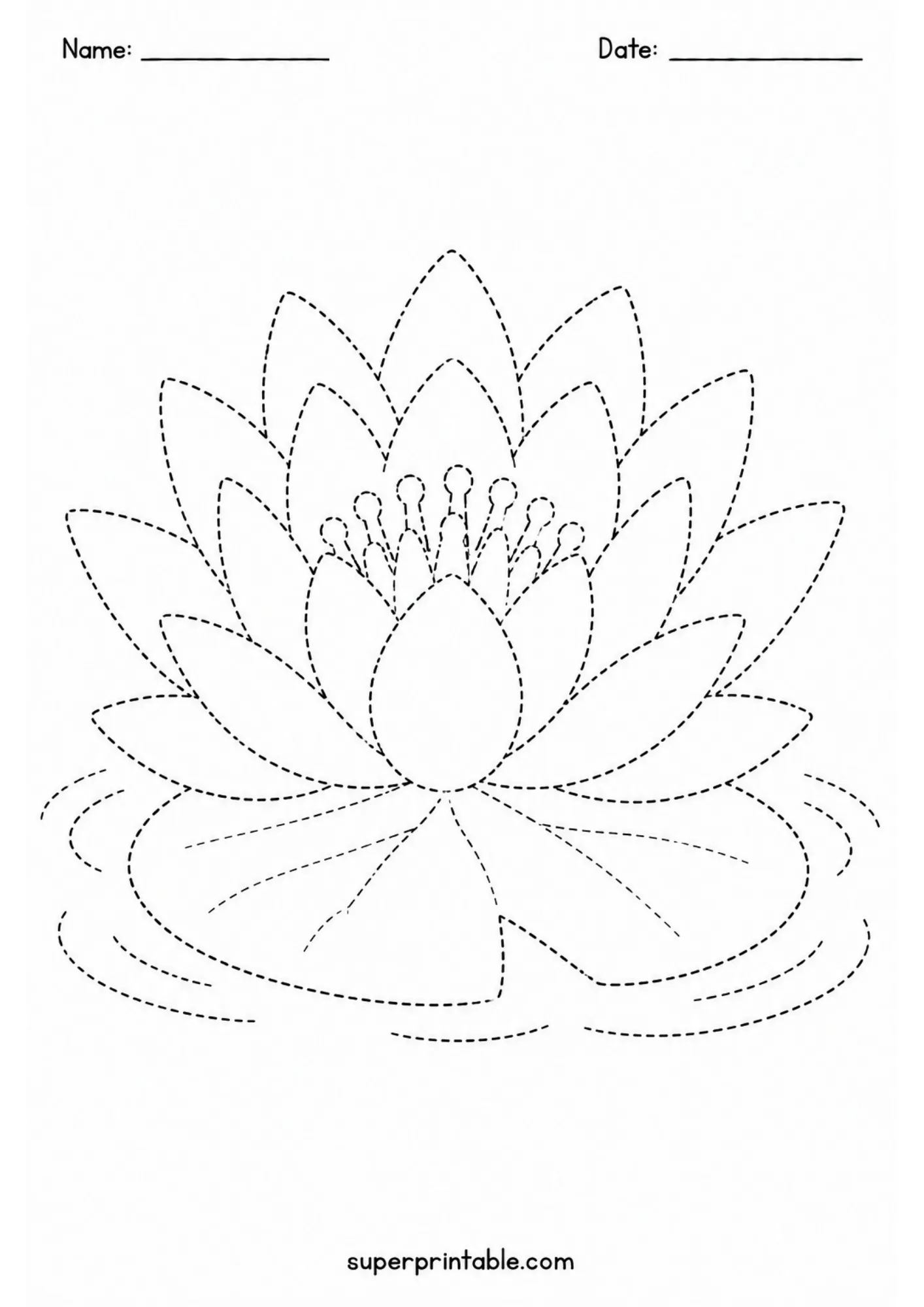 Printable water lily tracing worksheet showing detailed flower petals floating on water.