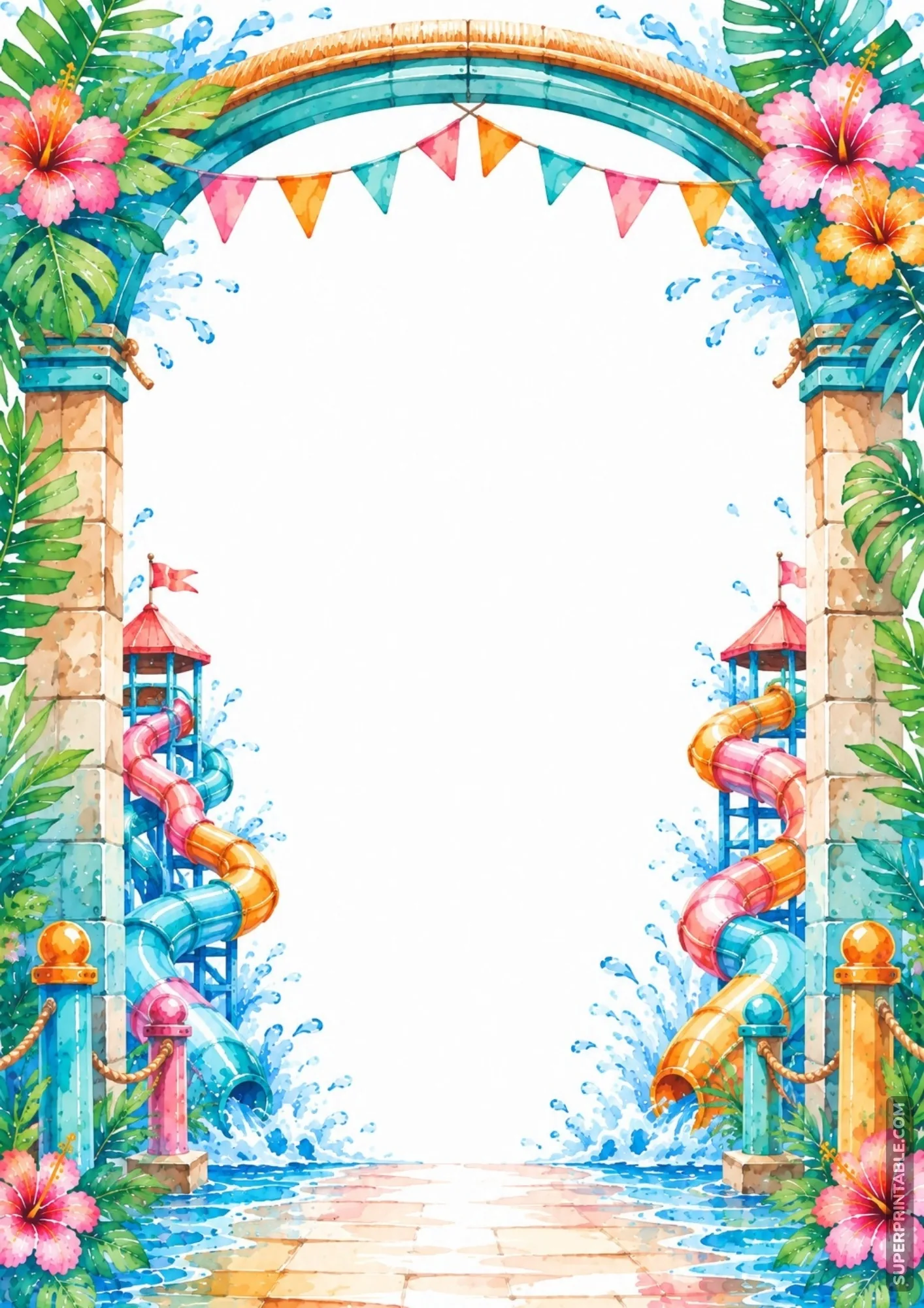 Water park borders displaying a decorative entrance arch with pennant flags and twisting slides.