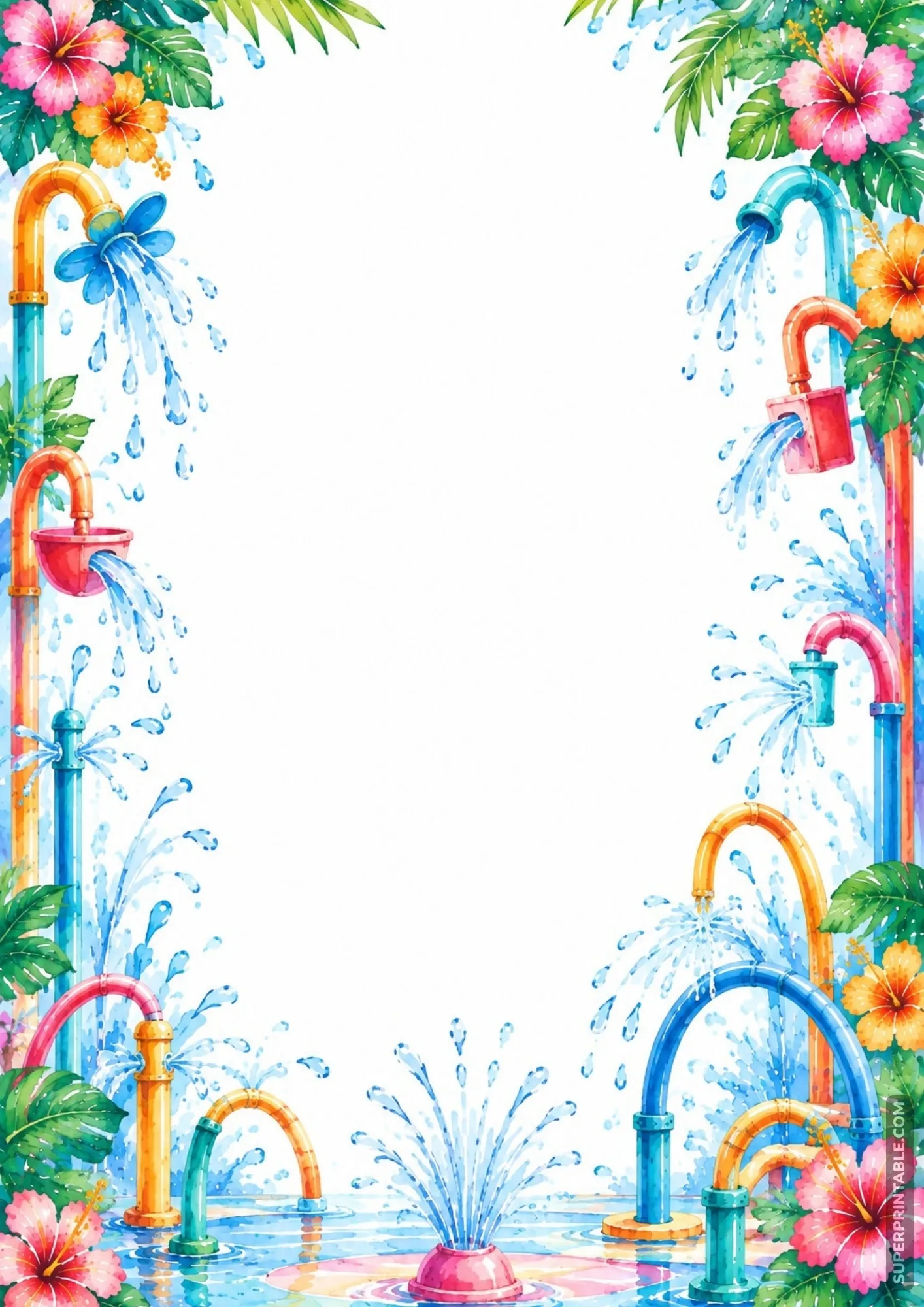 Bright watercolor border with splashing water park fountains, spray pipes, and tropical flowers.