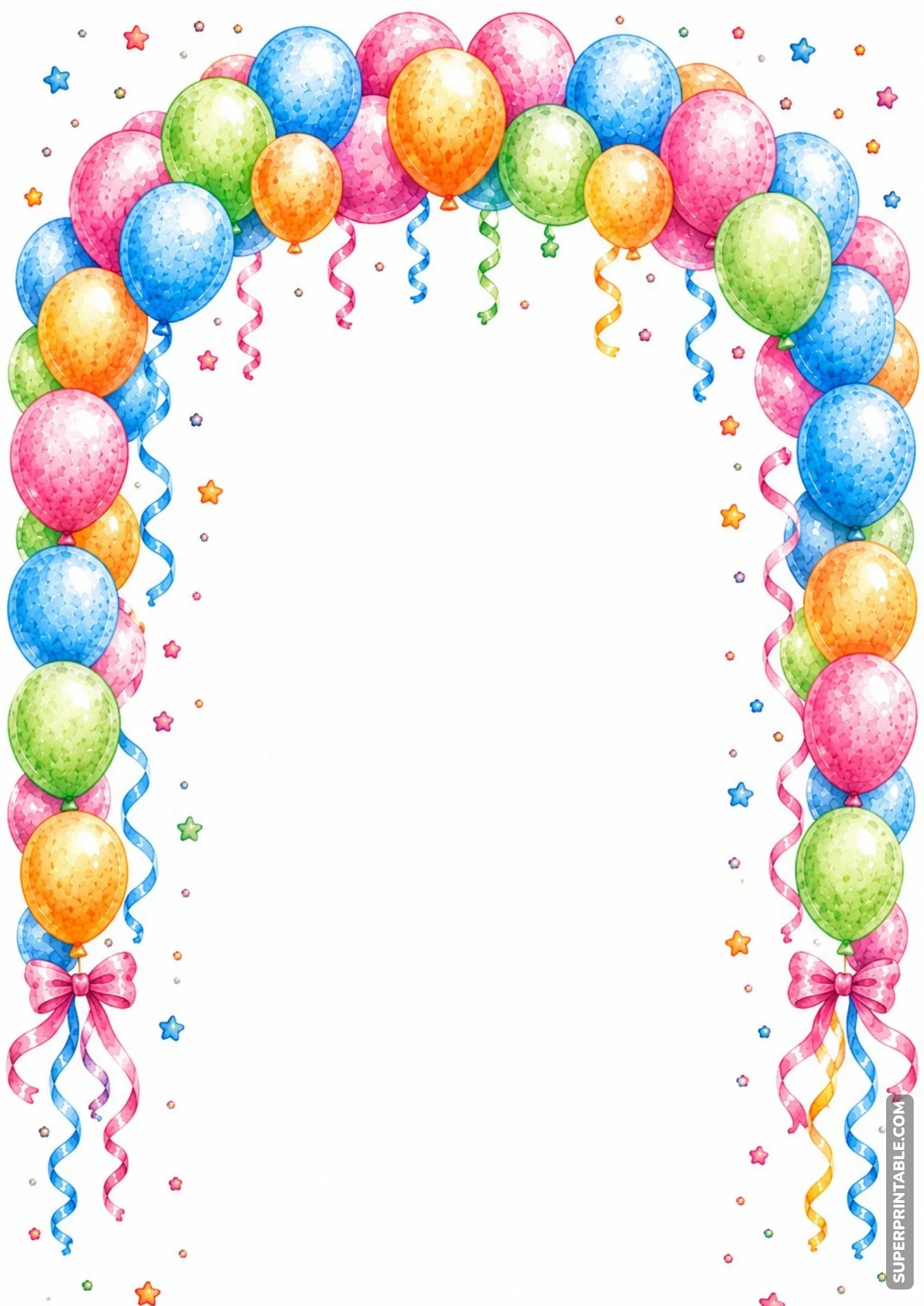 Decorative page border frame featuring a grand colorful watercolor balloon arch.