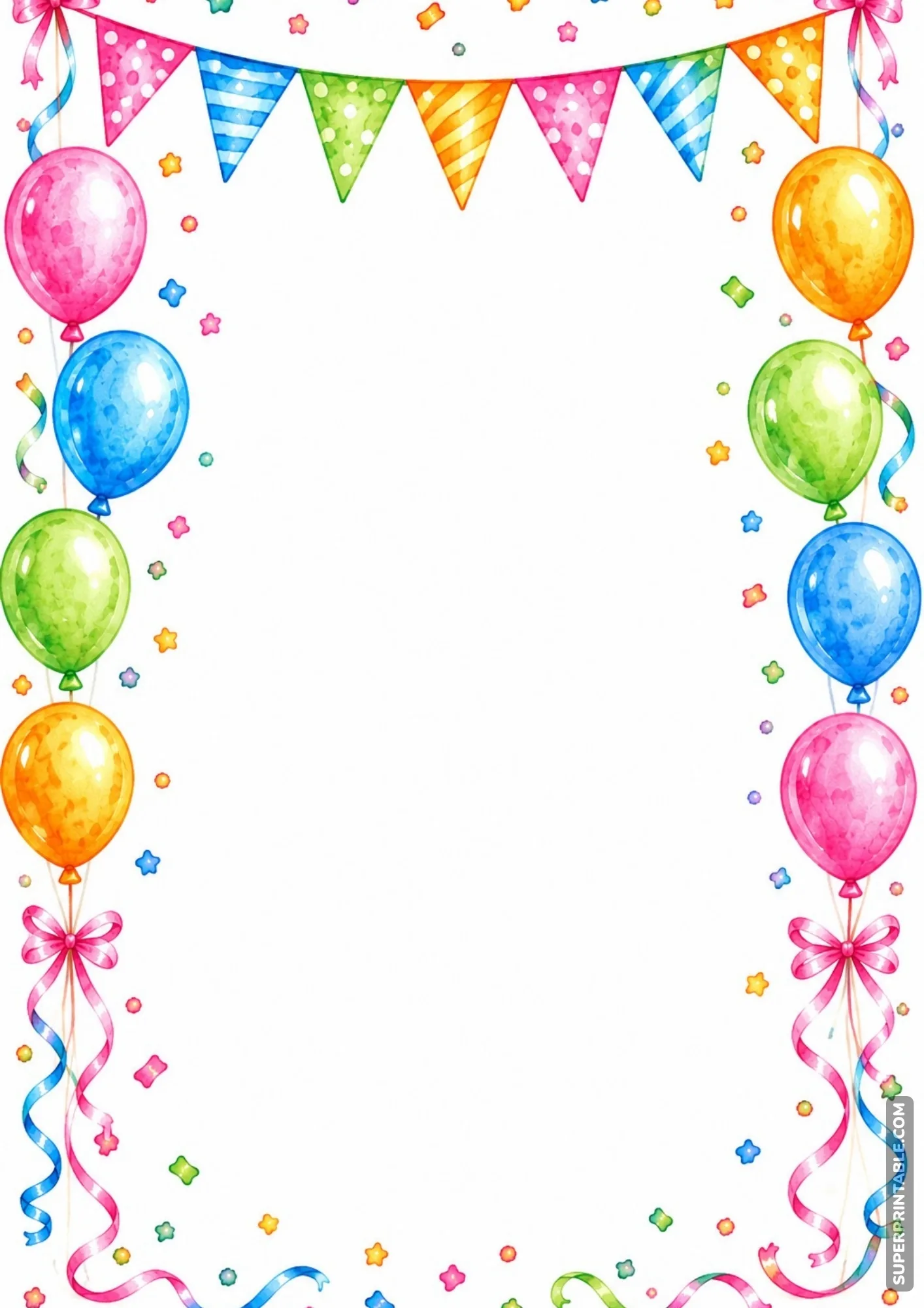 Printable page frame featuring watercolor balloon garlands and colorful bunting flags.