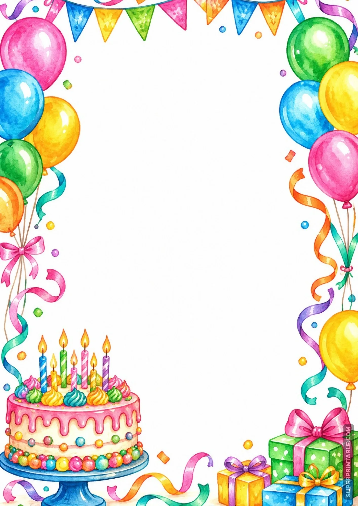 Colorful birthday party border pages template with watercolor cake, balloons, and gifts.
