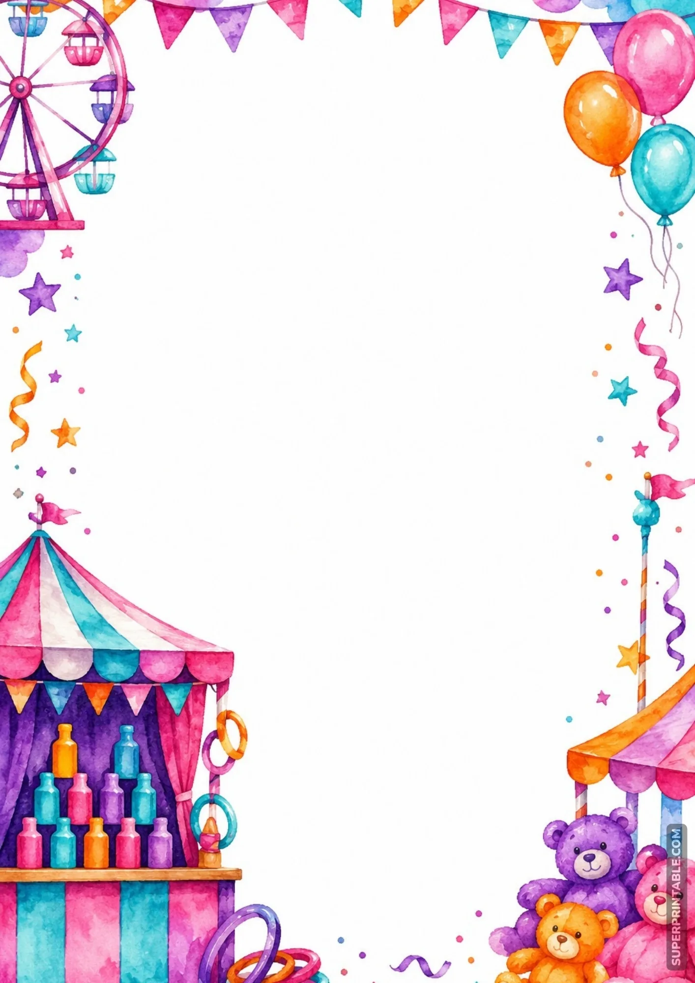 Fun fair border pages design with watercolor ferris wheel, ring toss booth, and teddy bears.