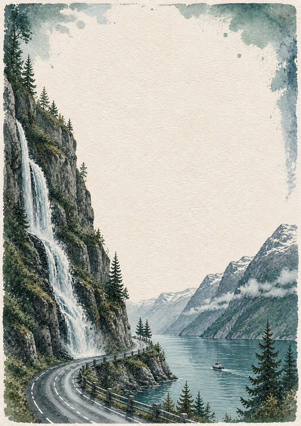 Watercolor decorative frame with a dramatic waterfall cascading beside a coastal road into a blue fjord.