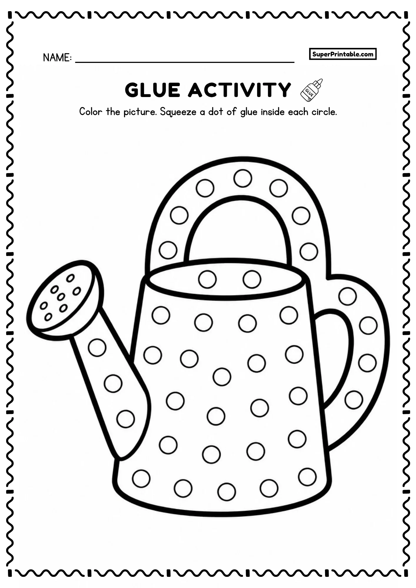 Watering can printable glue worksheet with curved handle and spout and dot circles for kids
