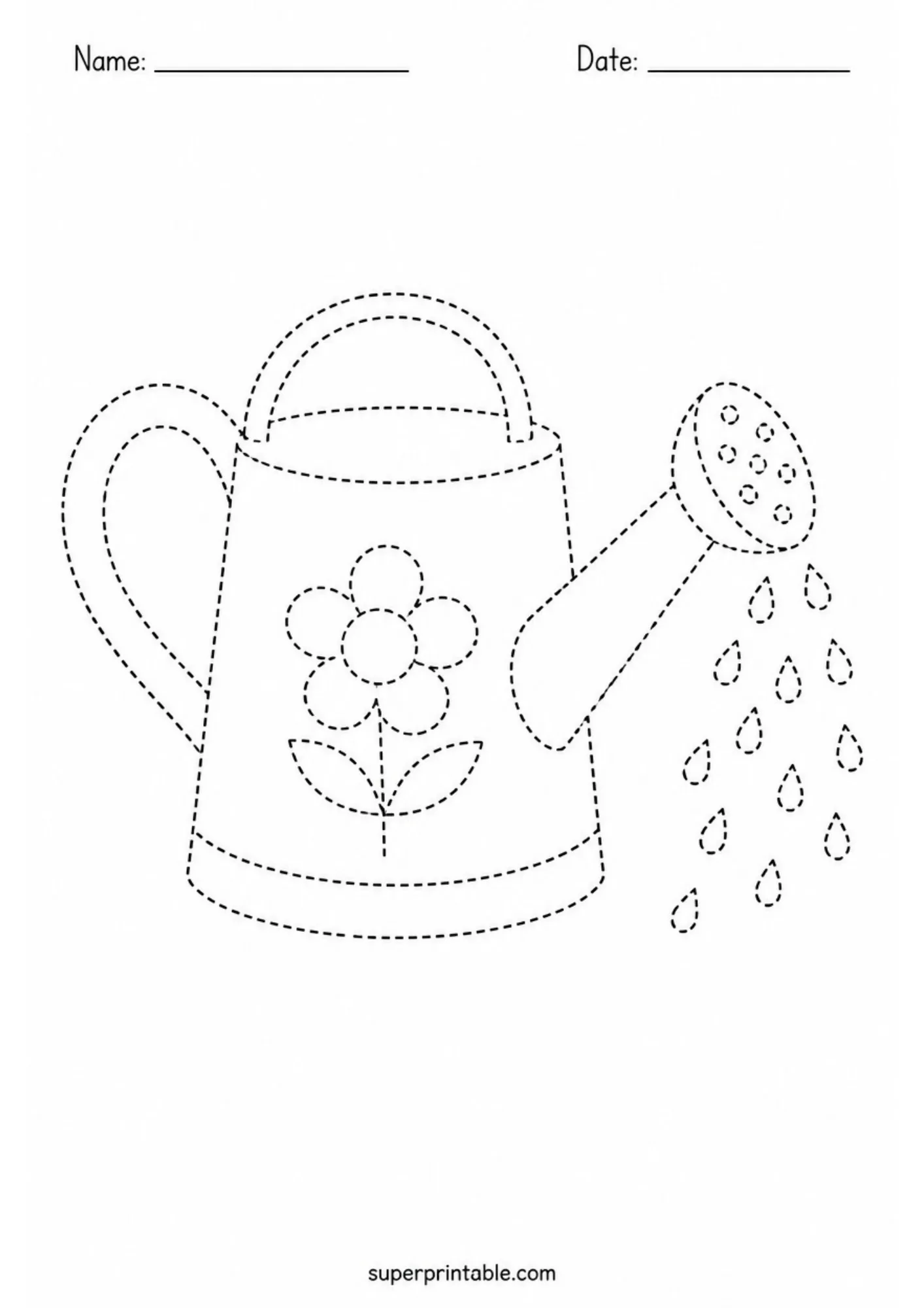 Dashed outline tracing worksheet of a farm watering can pouring drops of water with a flower emblem.