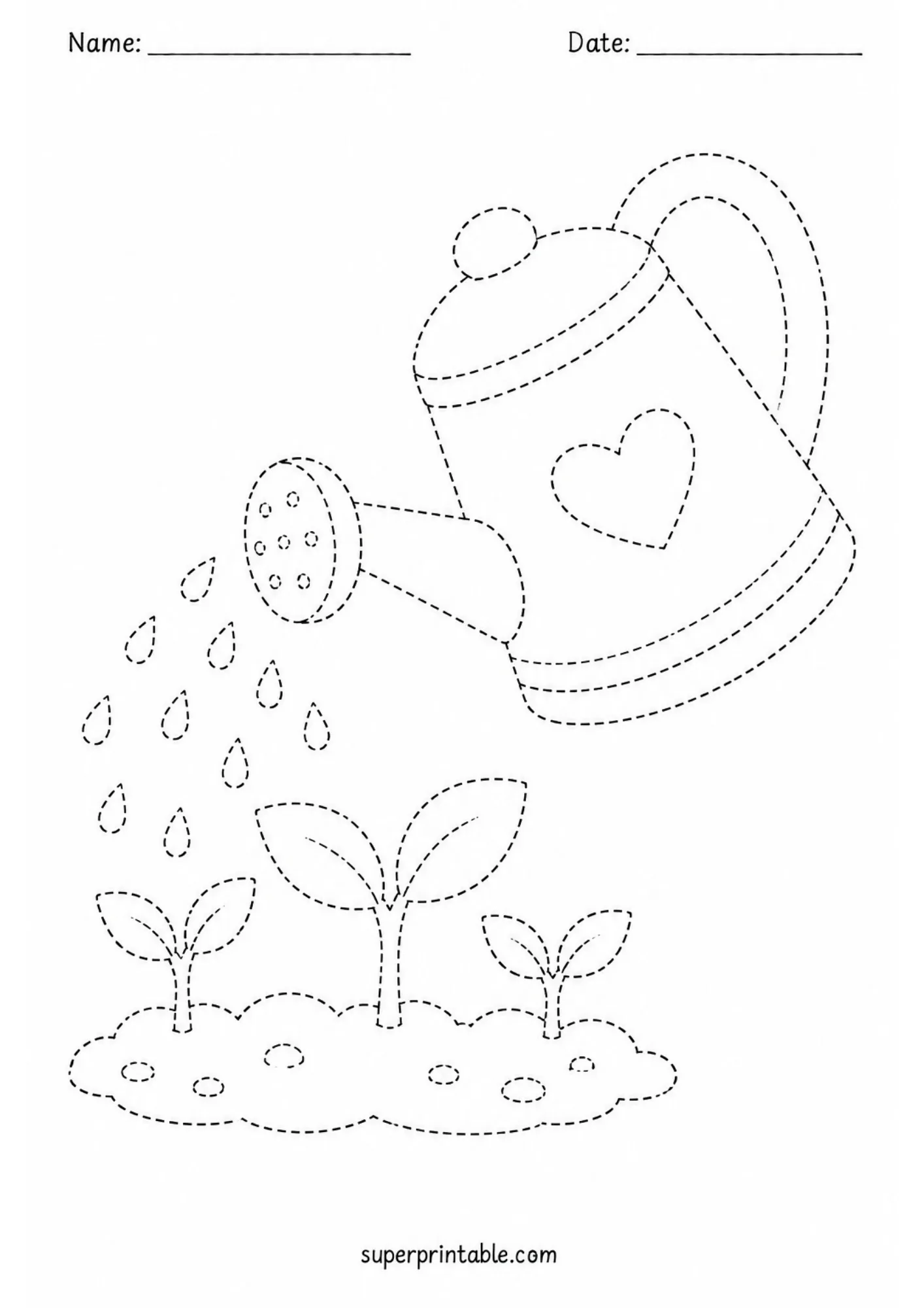 Line tracing page with a heart-decorated watering can sprinkling water on plant sprouts.