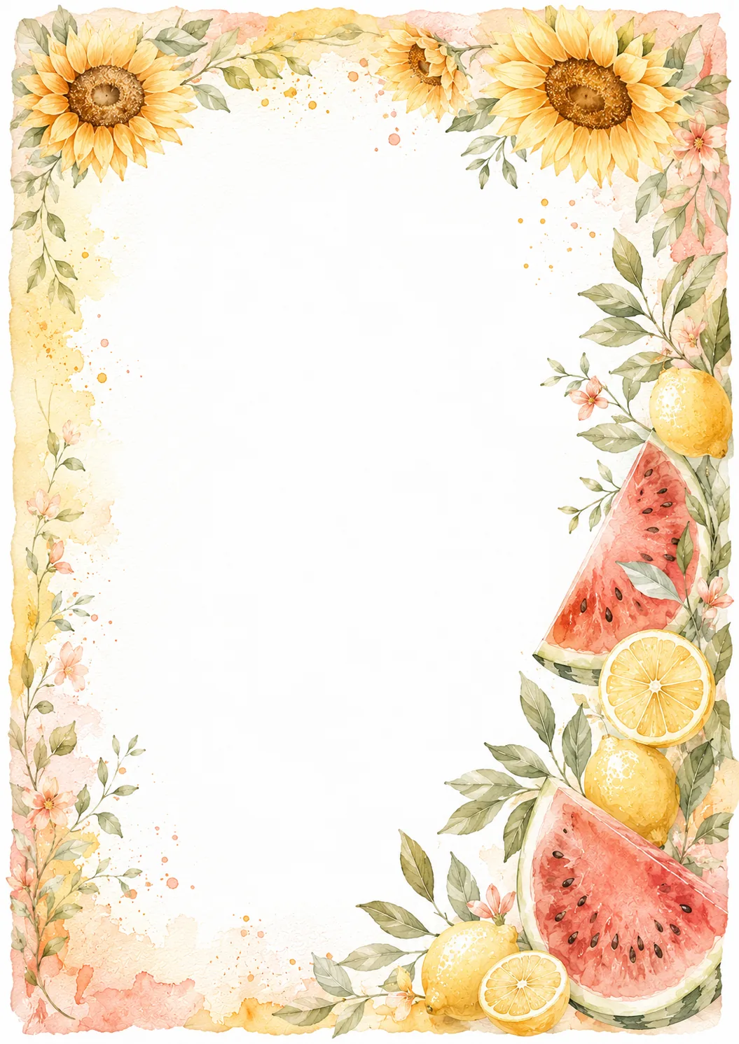 Summer watercolor border with watermelon, lemons, sunflowers, leaves, and pink flowers