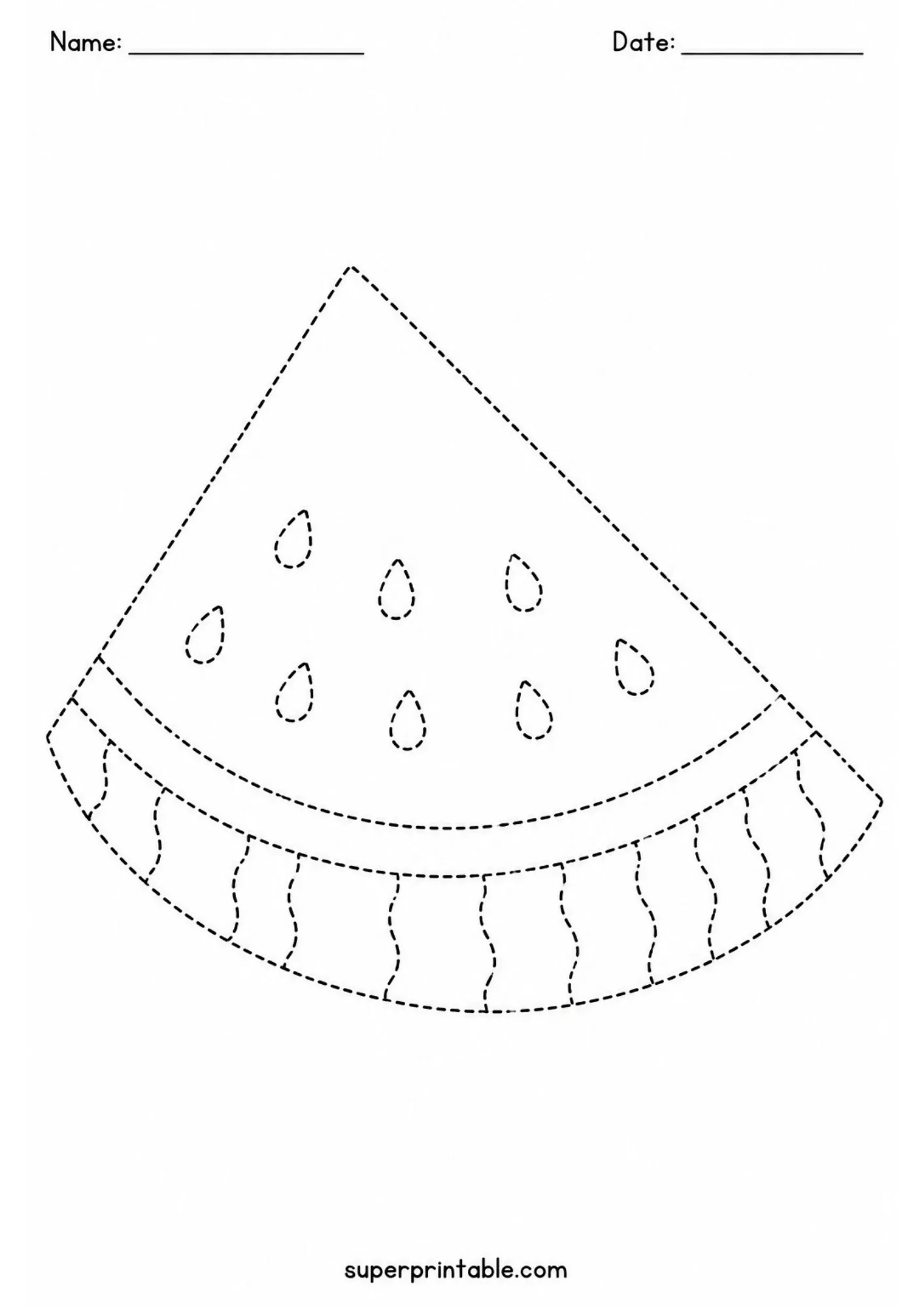 Watermelon wedge slice with seeds and bottom rind in dashed art.