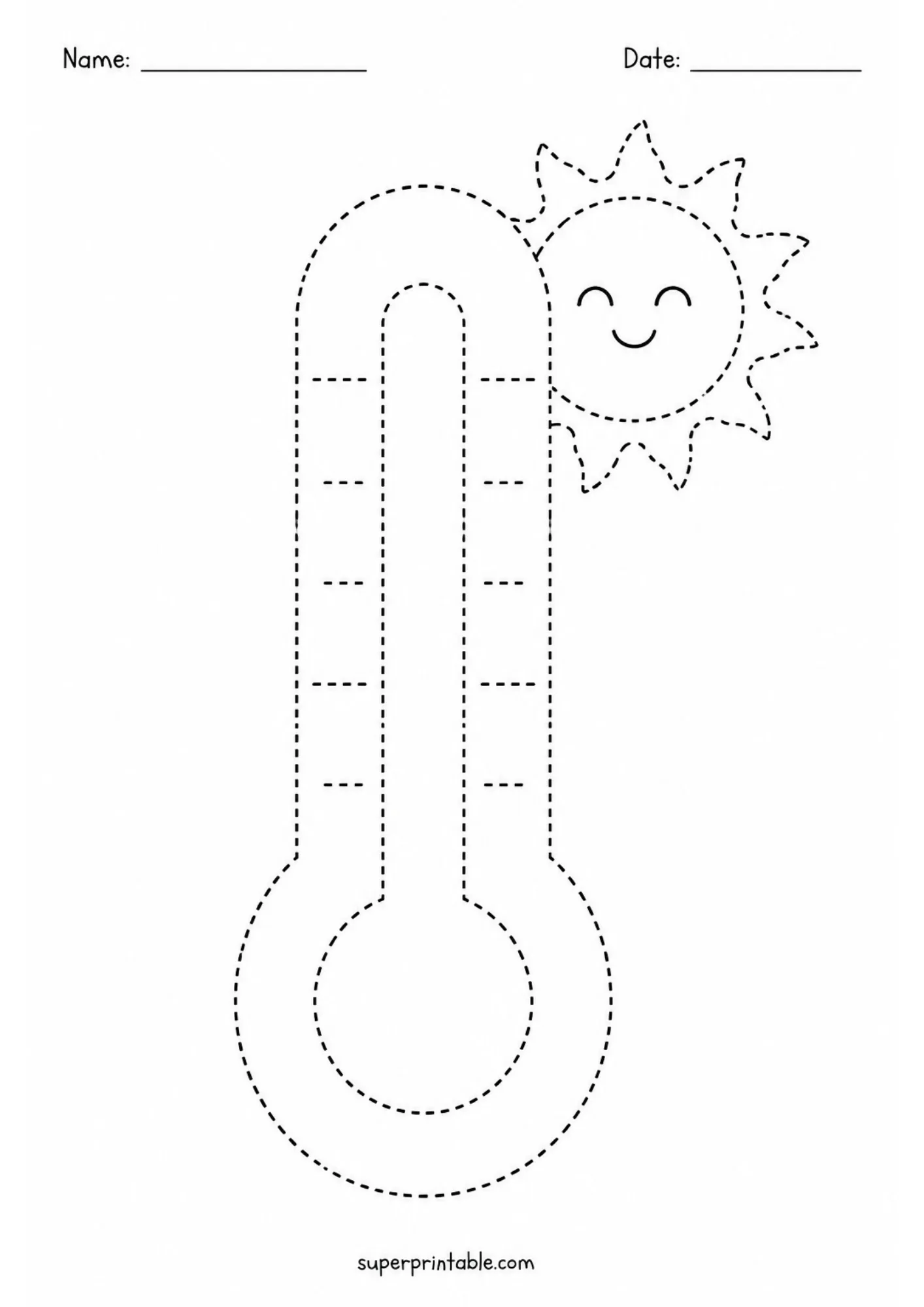 Black and white tracing worksheet of a weather thermometer next to a smiling sun, outlined with dashed lines.