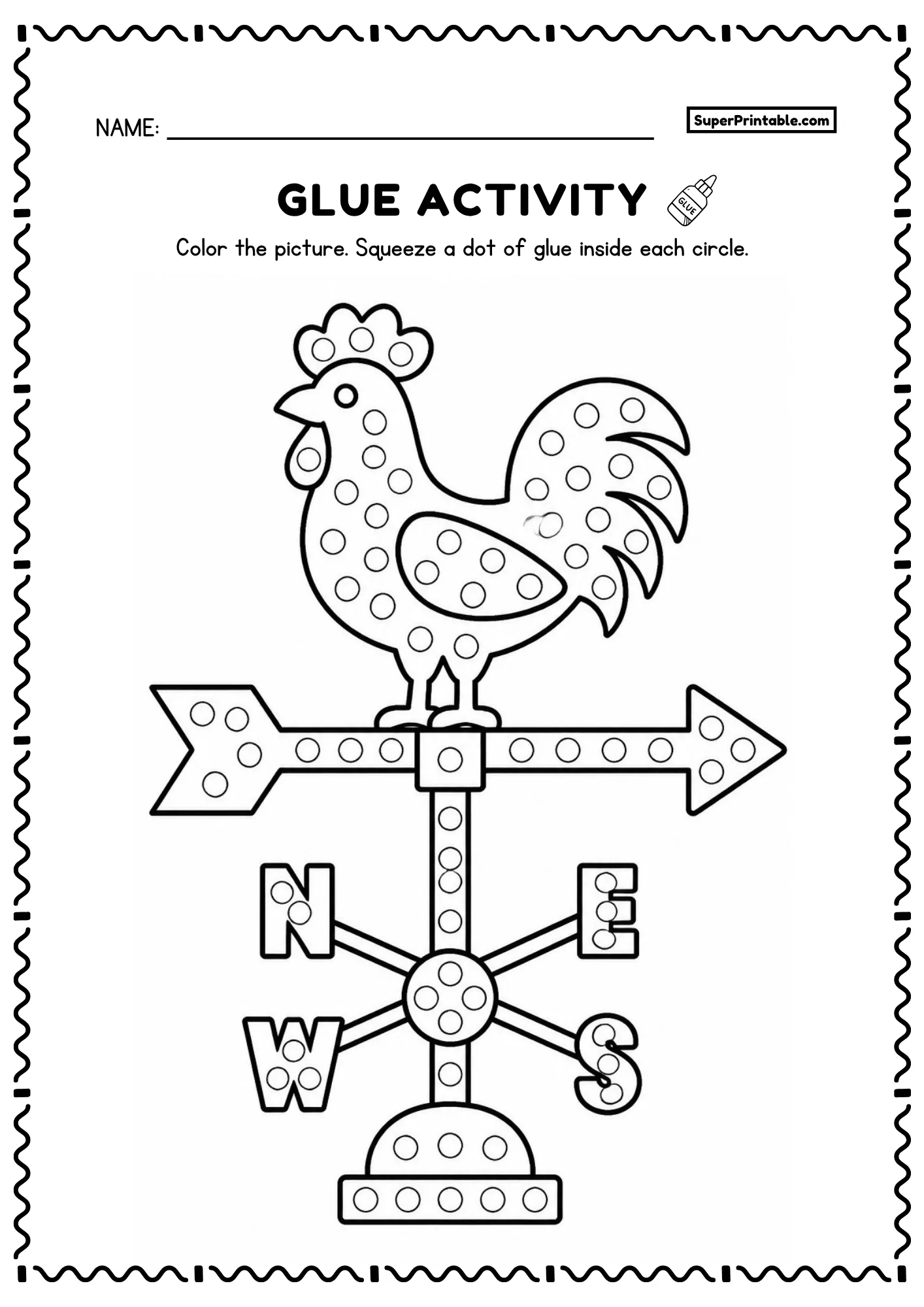 Rooster weather vane glue activity with compass letters and circles for kids
