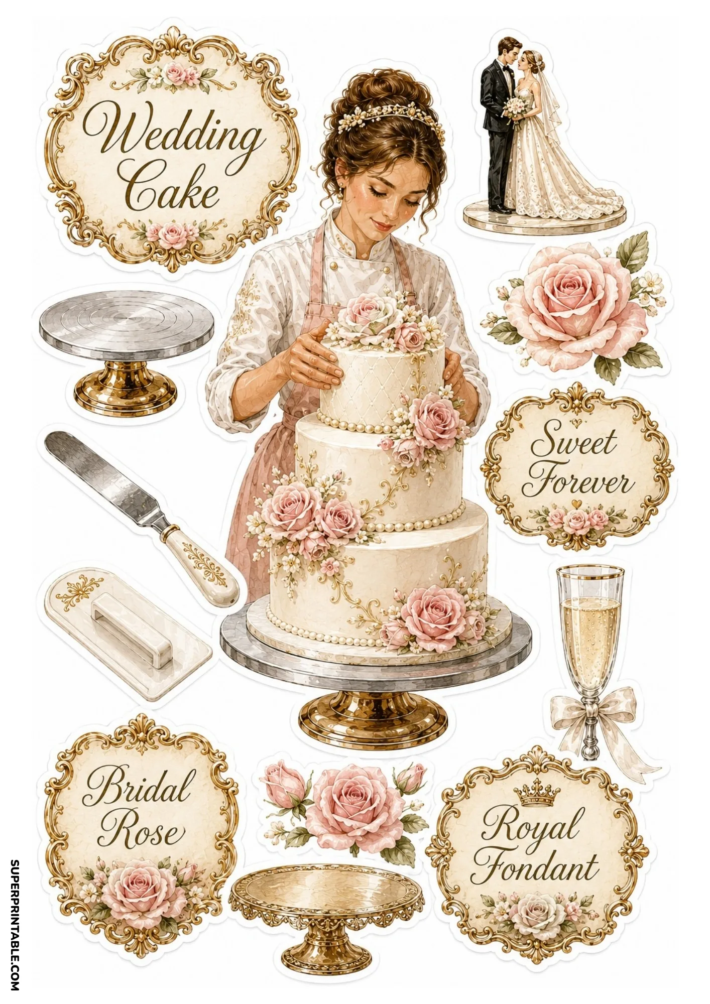 Wedding cake sticker sheet featuring a pastry chef decorating a three-tiered ivory cake, bride and groom topper, and champagne glass.