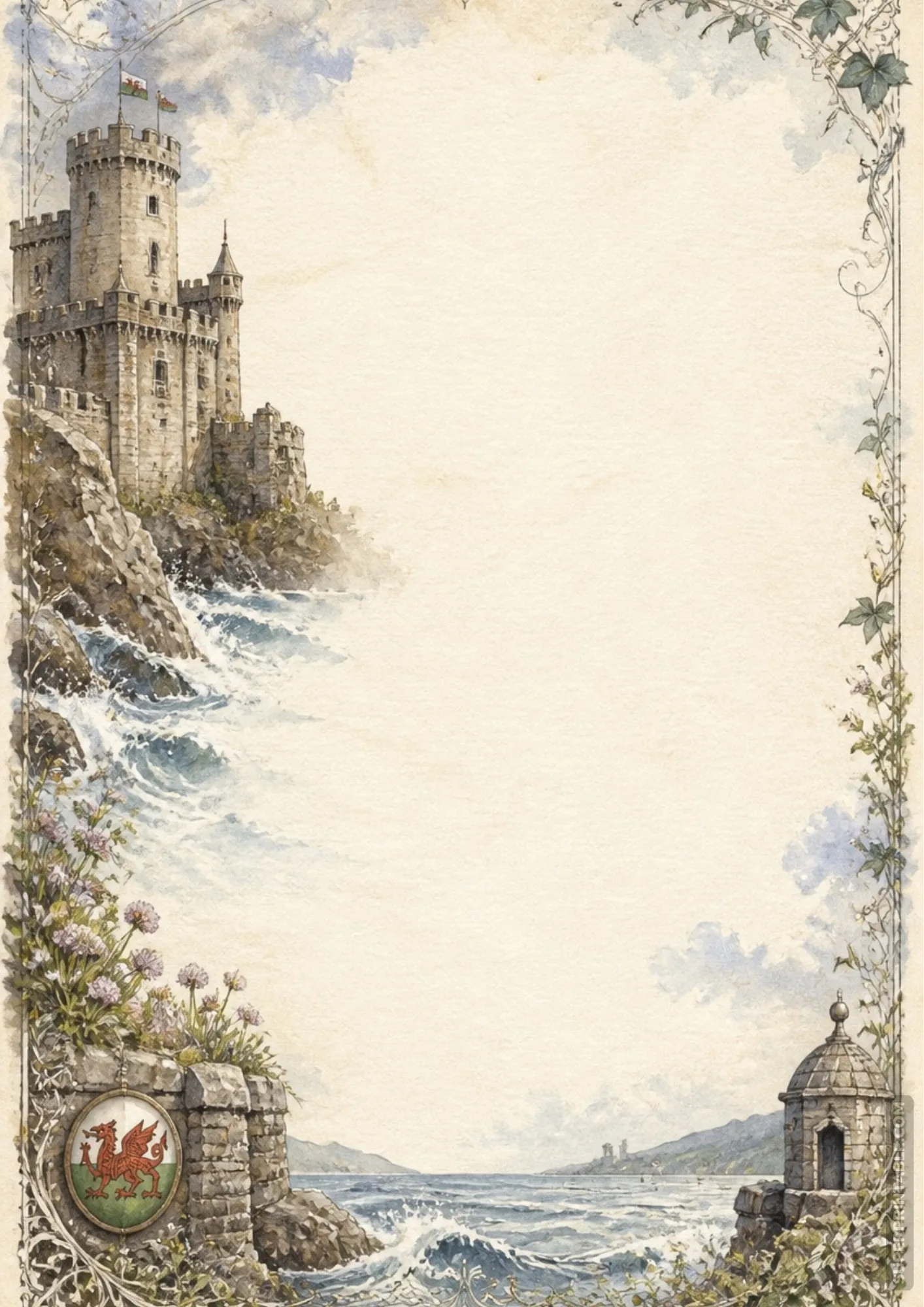 Welsh sea castle watercolor border writing sheet featuring cliffside towers and Welsh dragon emblem
