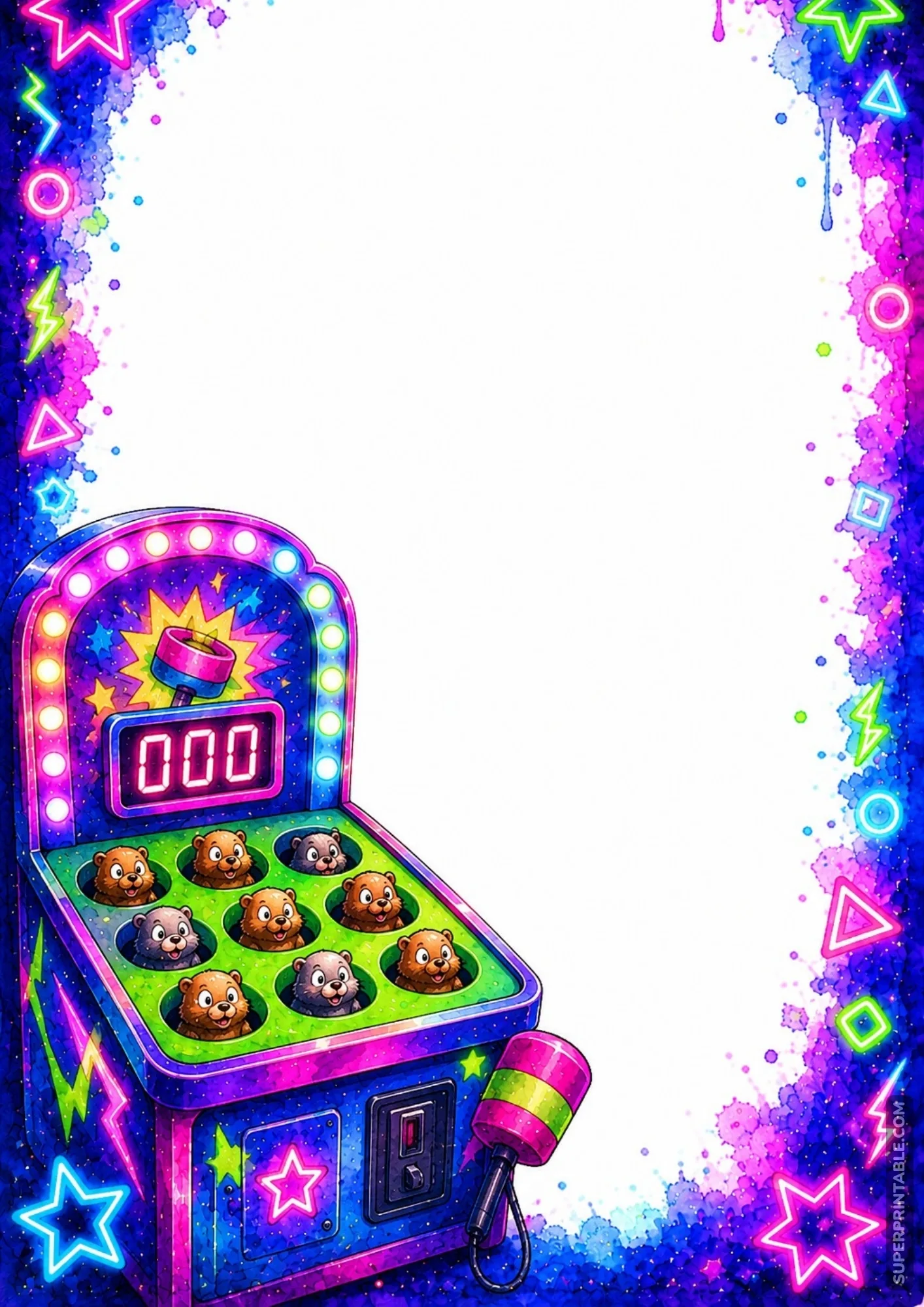 Whack-a-mole arcade machine with cute popping moles and a pink mallet bordering a clean blank page.