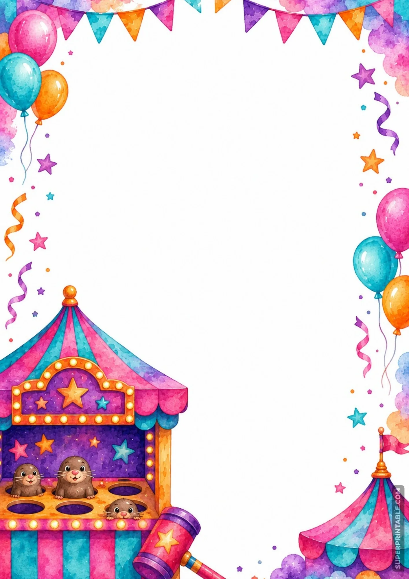 Playful fairground page border with a colorful whack-a-mole game booth and wooden mallet.