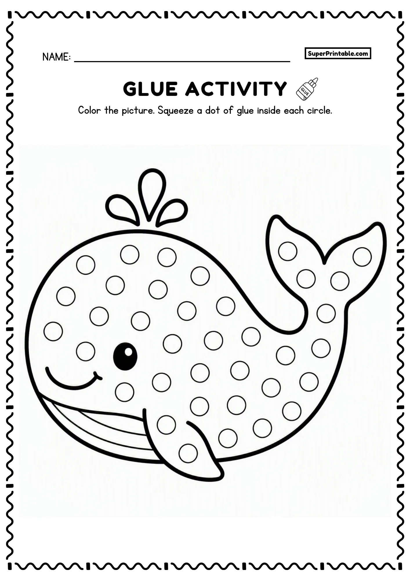 Whale with water spout printable glue worksheet with dot circles and tail fin for kids