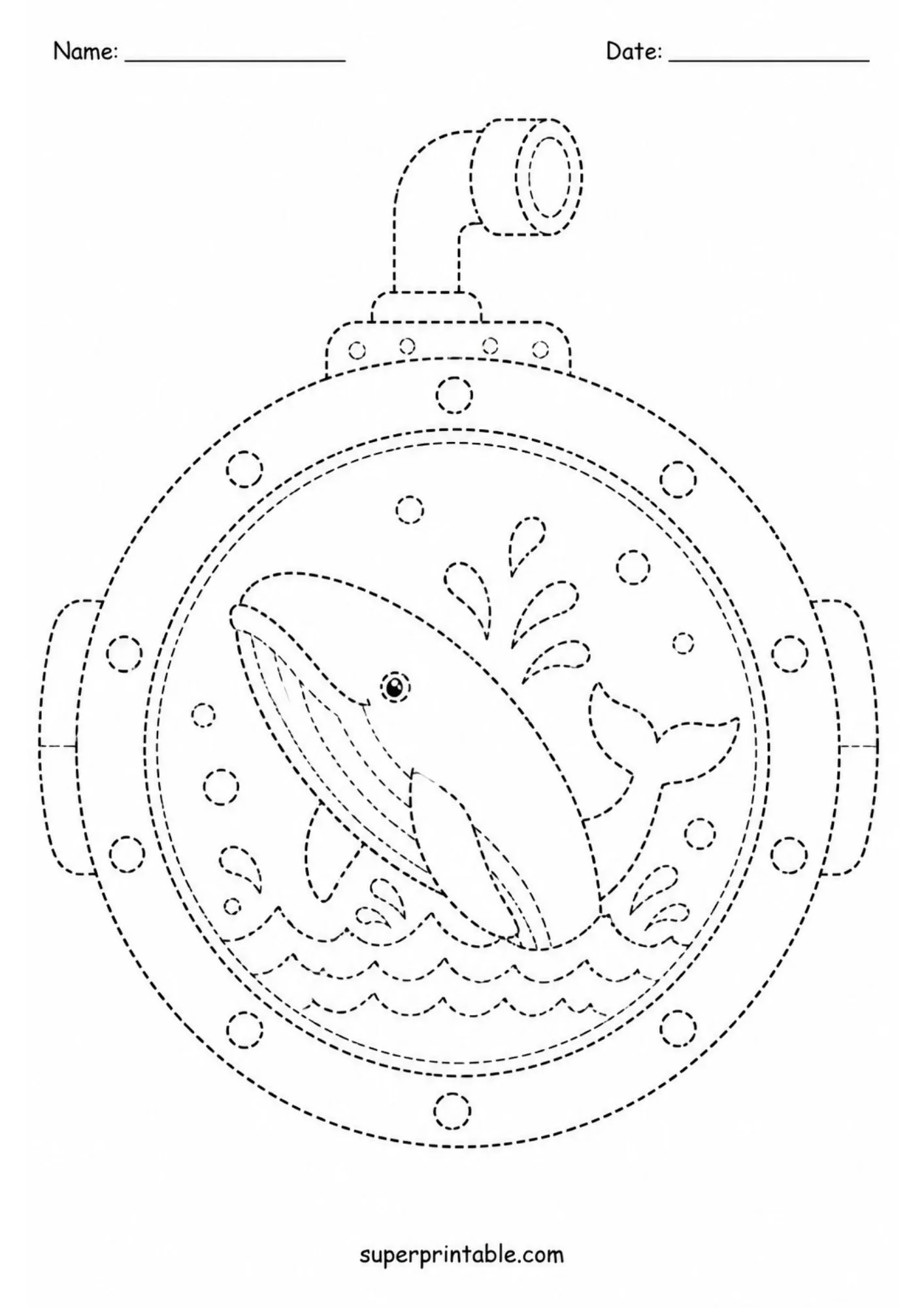 Humpback whale in submarine porthole view tracing worksheet for ocean themed learning.