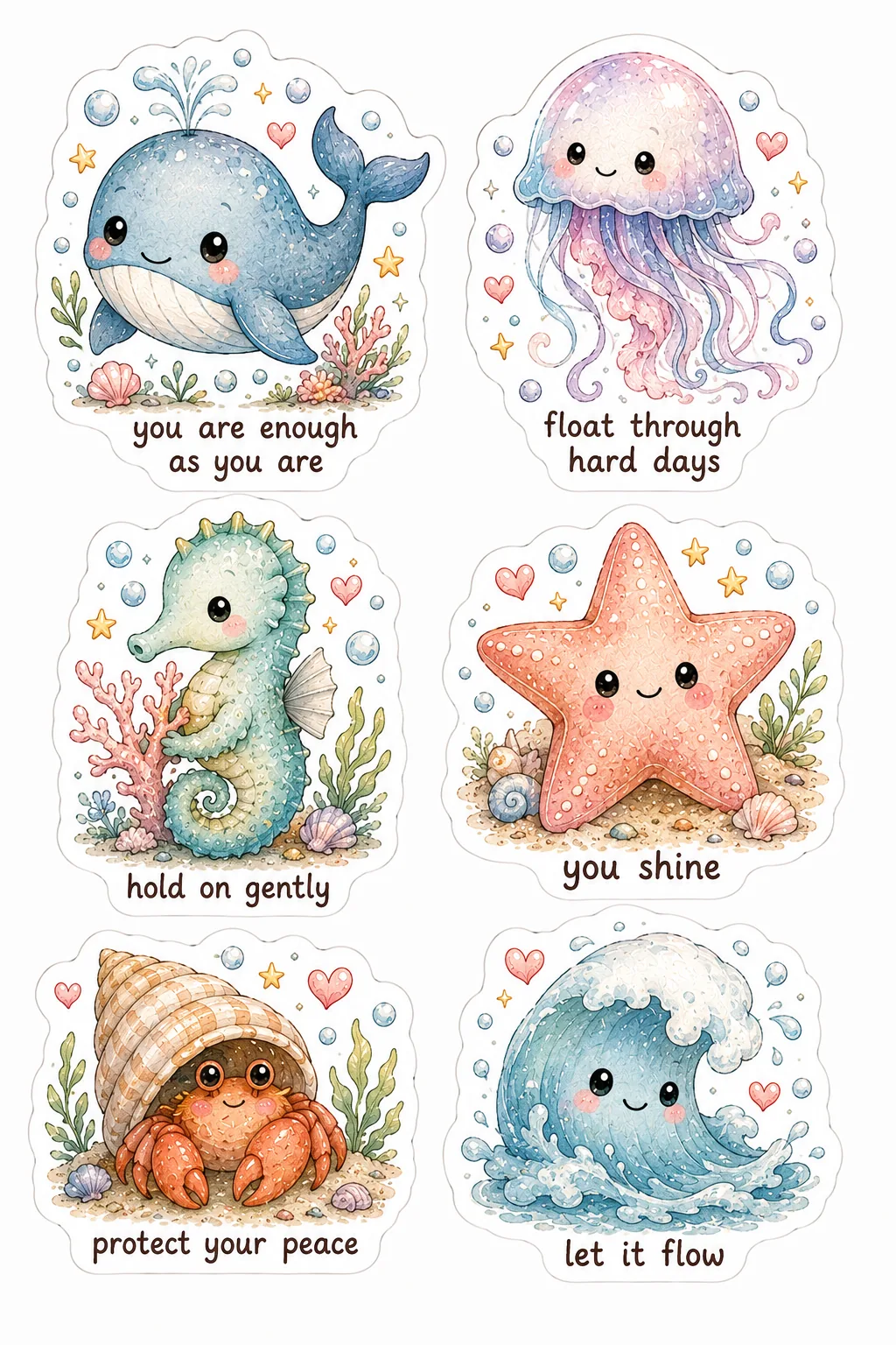 Ocean affirmation designs with whale, jellyfish, seahorse, starfish, hermit crab, and smiling wave