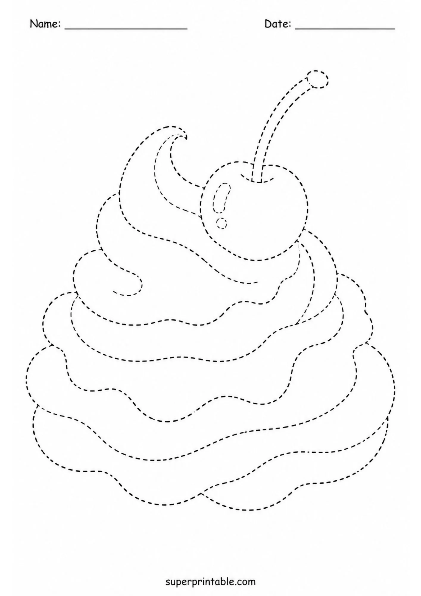 Ice cream parlor worksheets featuring a whipped cream swirl with a cherry on top.