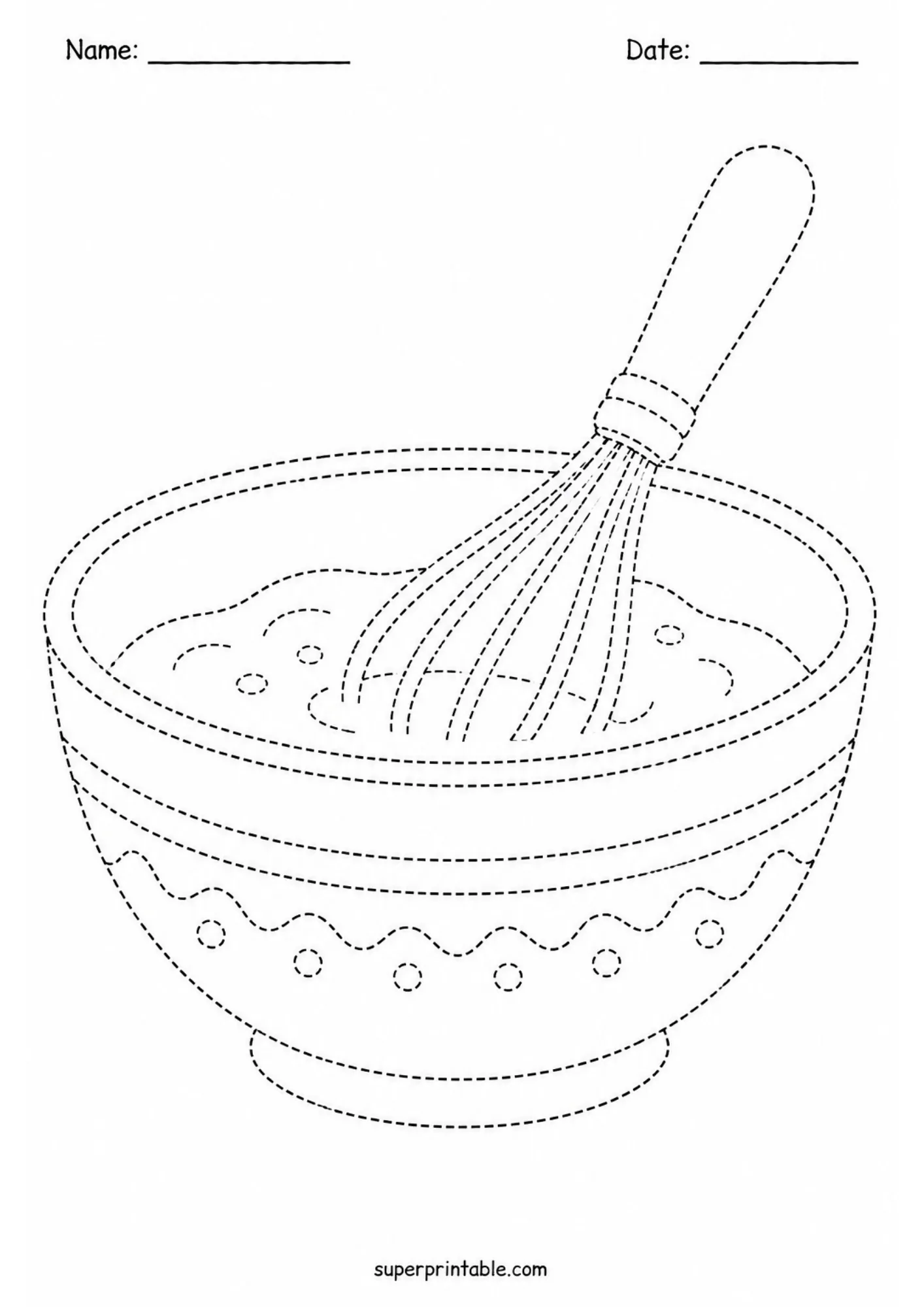 Wire whisk inside a mixing bowl line tracing page for preschool kitchen utensil activity sheets.