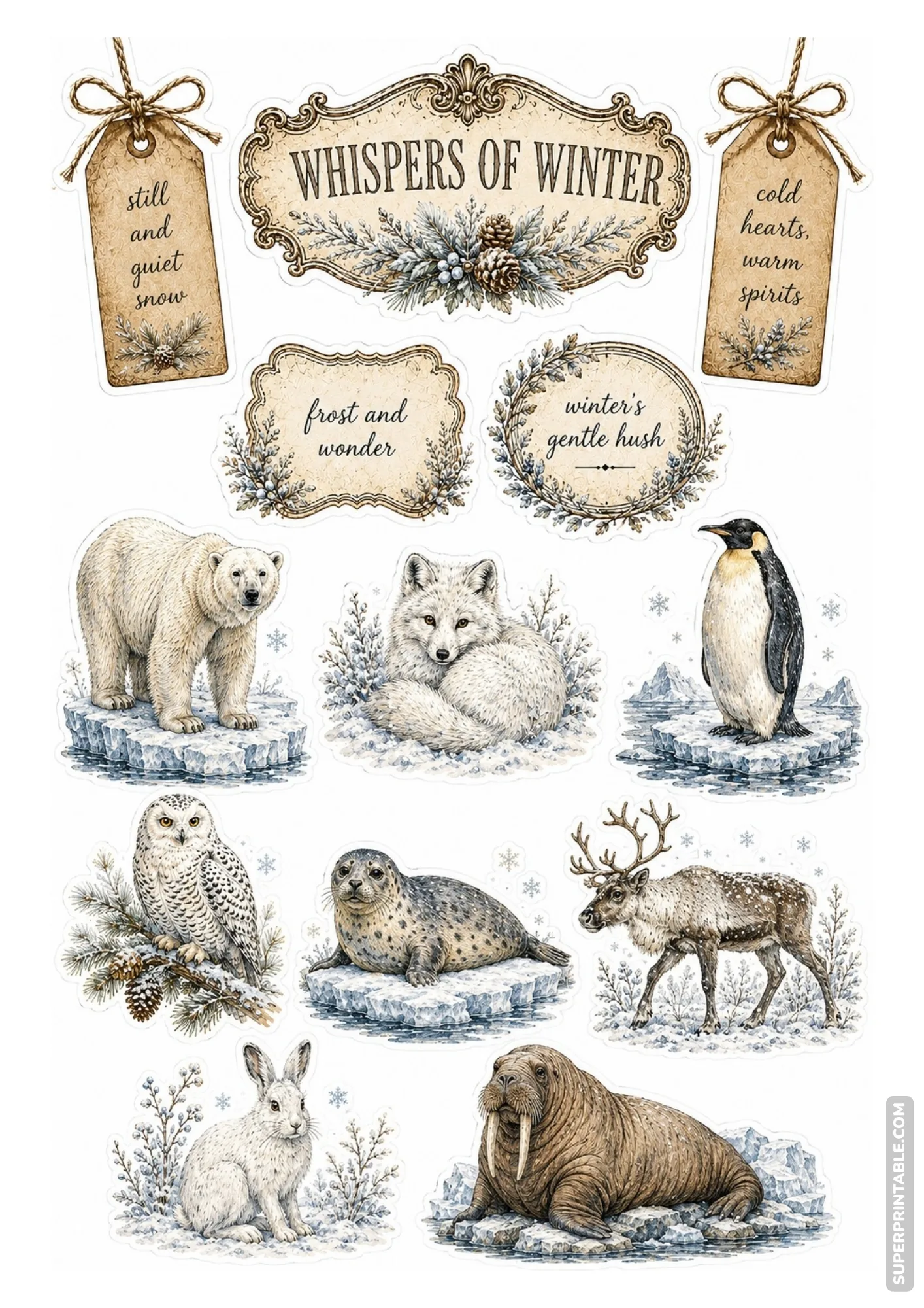 Vintage arctic animal sticker collection featuring polar bears, penguins, seals, and snowy owls.