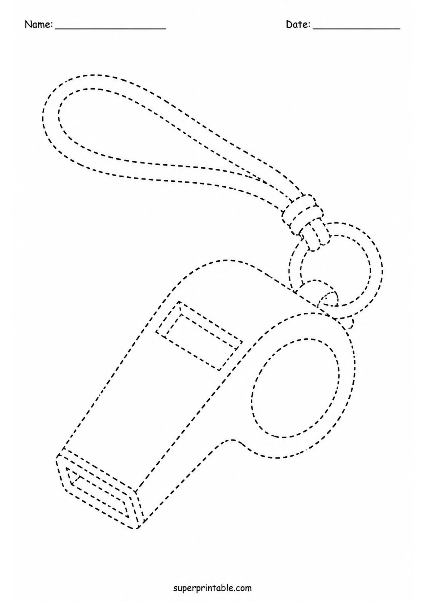Safety whistle line art tracing sheet ideal for early education fine motor skill development.