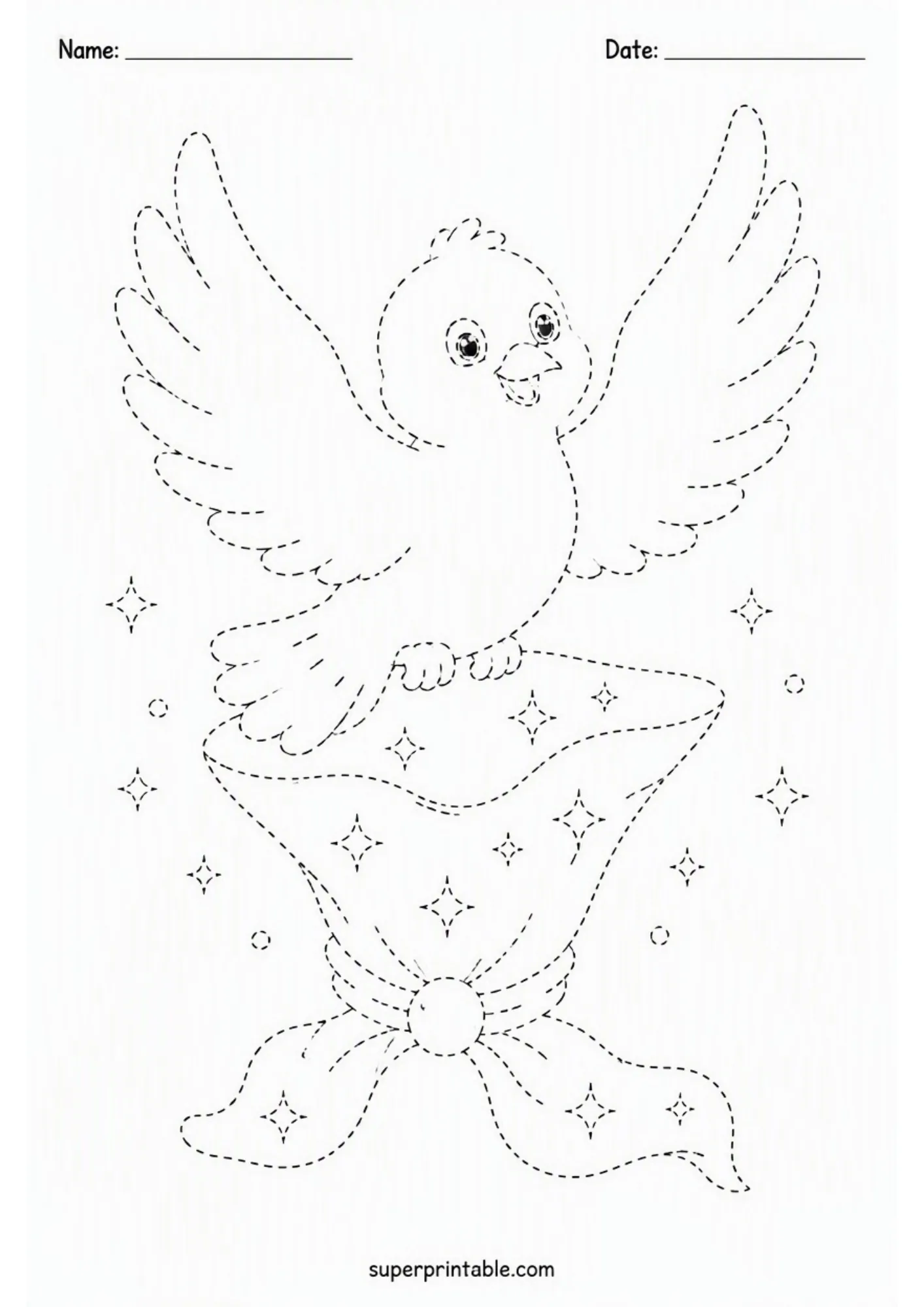 Line tracing page depicting a cute bird dove appearing from a magician's silk cloth.