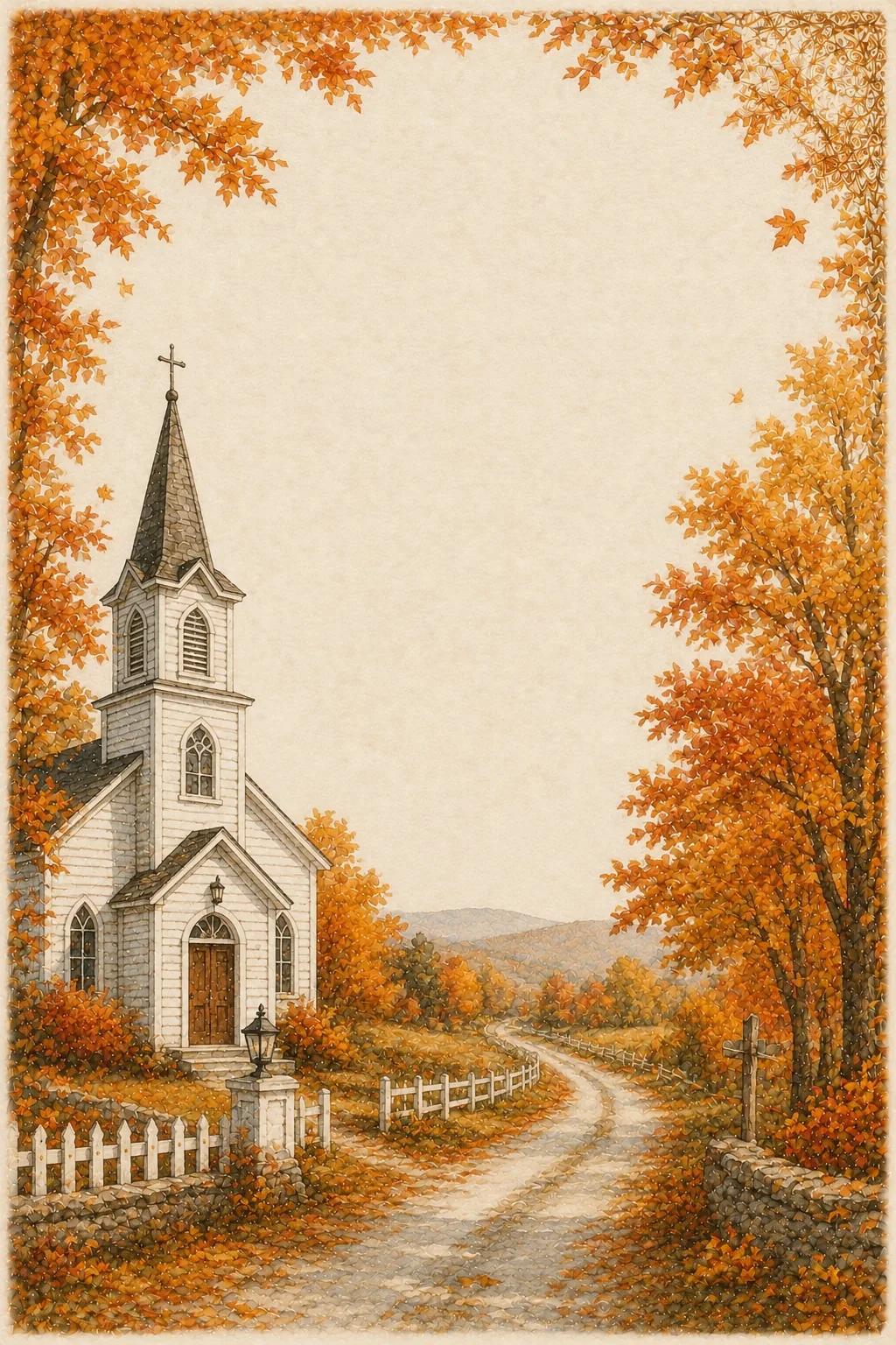 New england fall border paper with a historic white church and golden autumn trees along a dirt road.