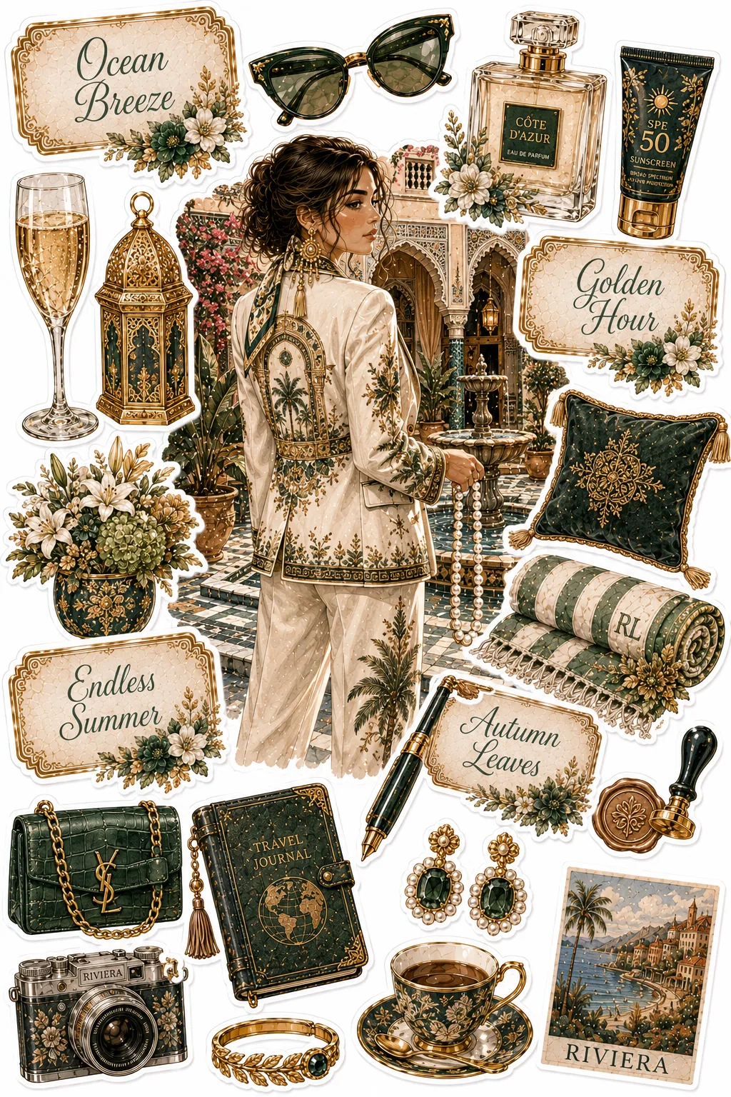 Woman in a white suit in a courtyard surrounded by green crocodile handbag and teacup stickers.