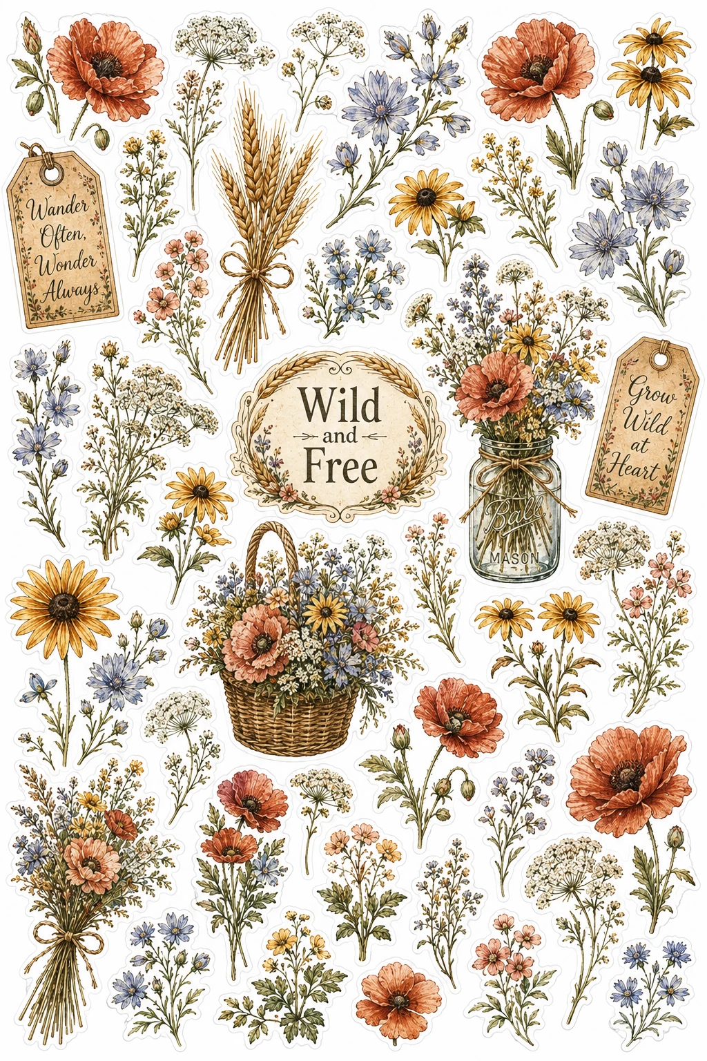Wild and Free Earthy Dried Botanical Sheet featuring vintage botanical illustrations, garden roses, wildflowers, and herbs.