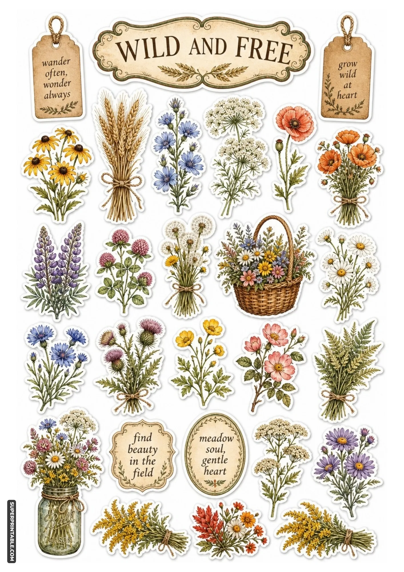 Free printable botanical flower stickers featuring meadow wildflowers.