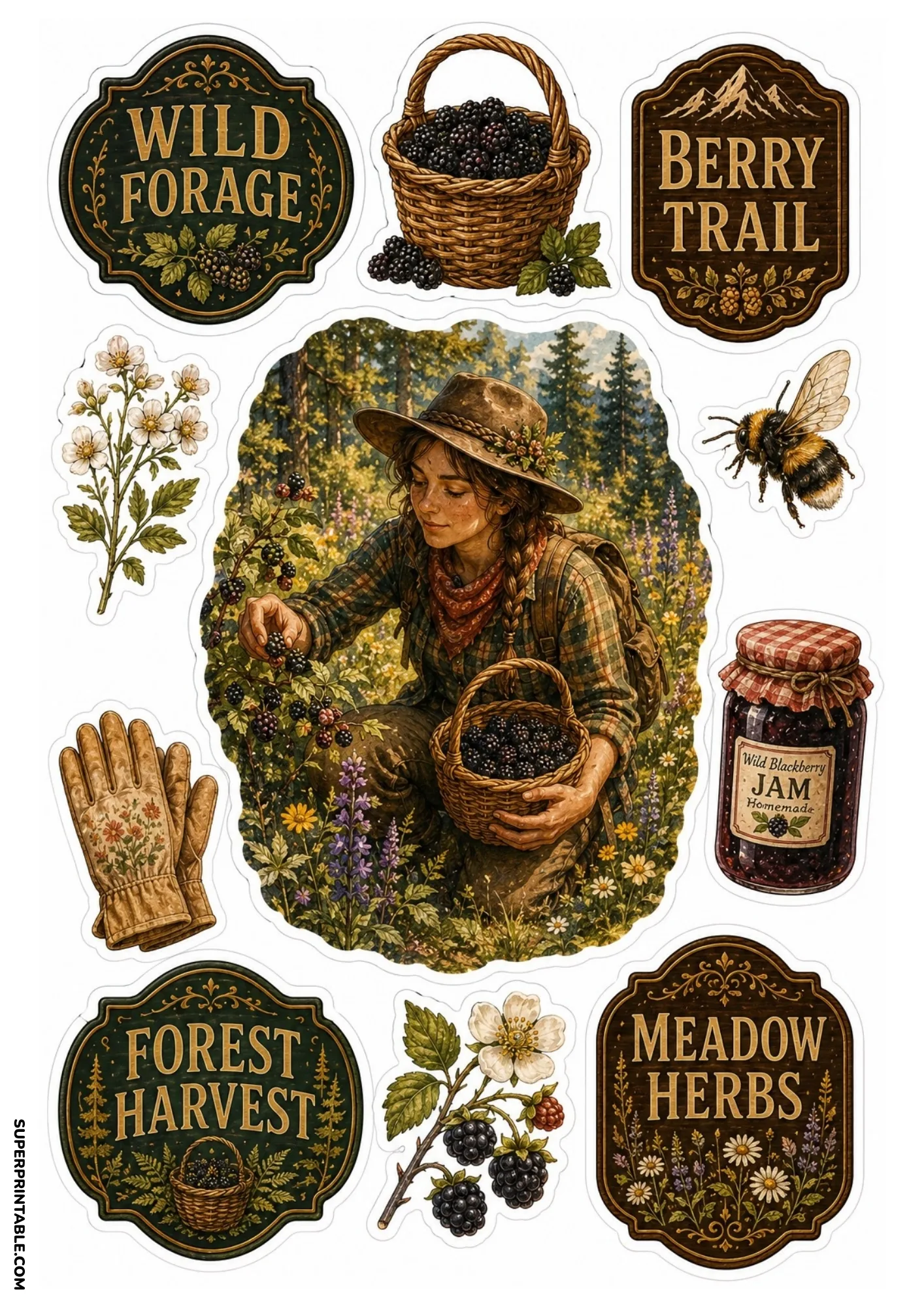 Wild foraging sticker sheet depicting a woman gathering blackberries, basket of berries, homemade jam jar, bumblebee, and meadow herb badges.