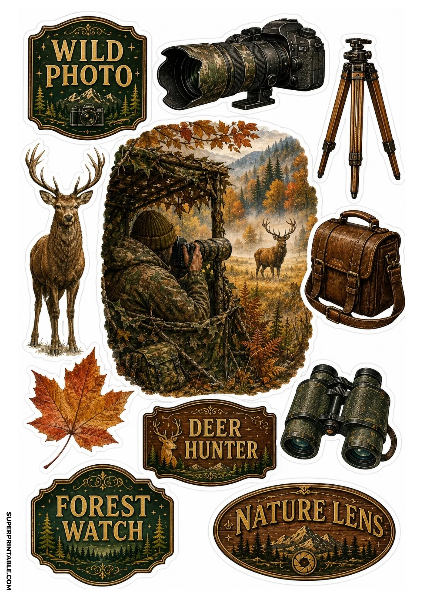 Wildlife photography sticker sheet with a photographer in a blind, majestic deer stag, telephoto camera, tripod, binoculars, and nature lens badges.