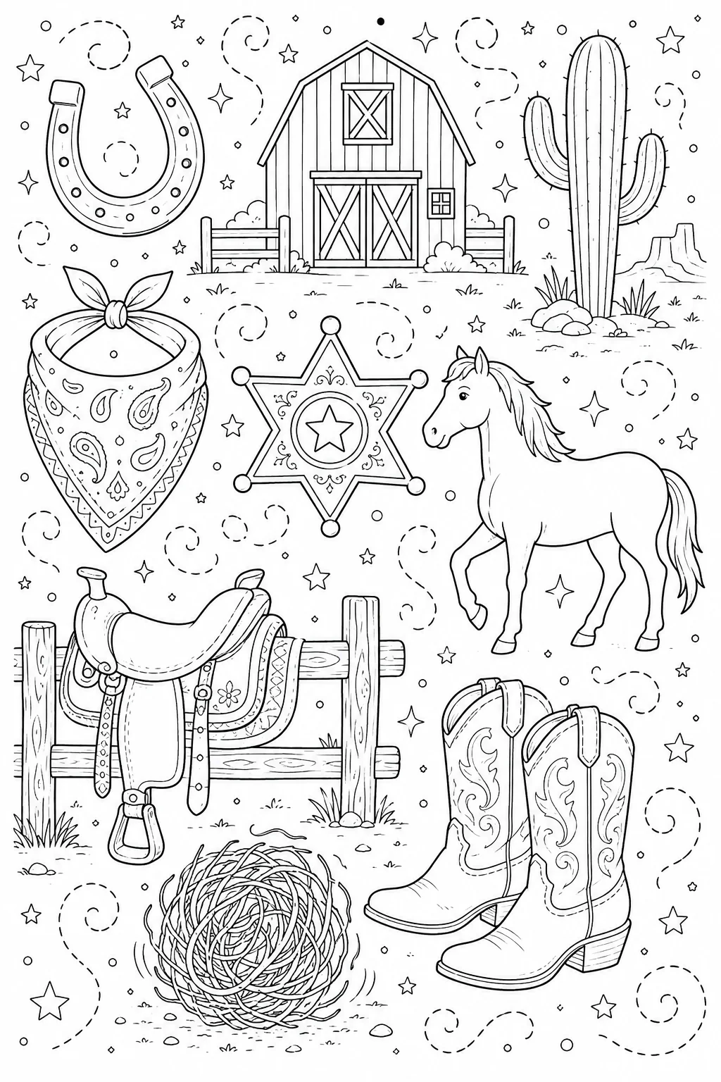 Printable Wild West Cowboy cowboy boots and galloping mustang horse doodle coloring page sheet