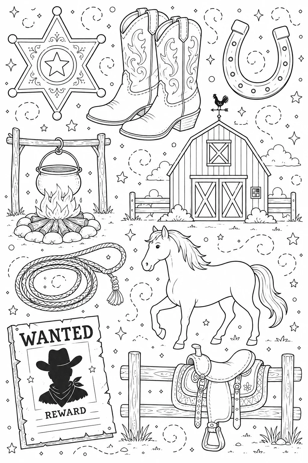 Printable Wild West Cowboy sheriff star badge and wanted poster doodle coloring page sheet