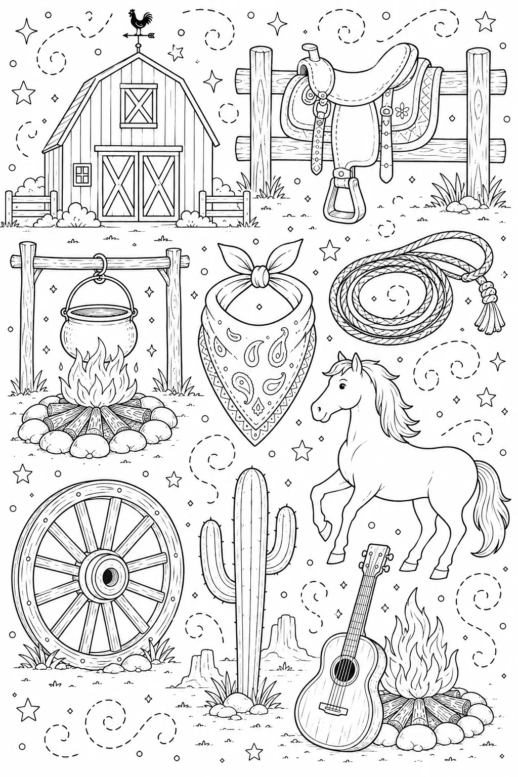 Printable Wild West Cowboy rustic wooden barn and campfire cooking doodle coloring page sheet