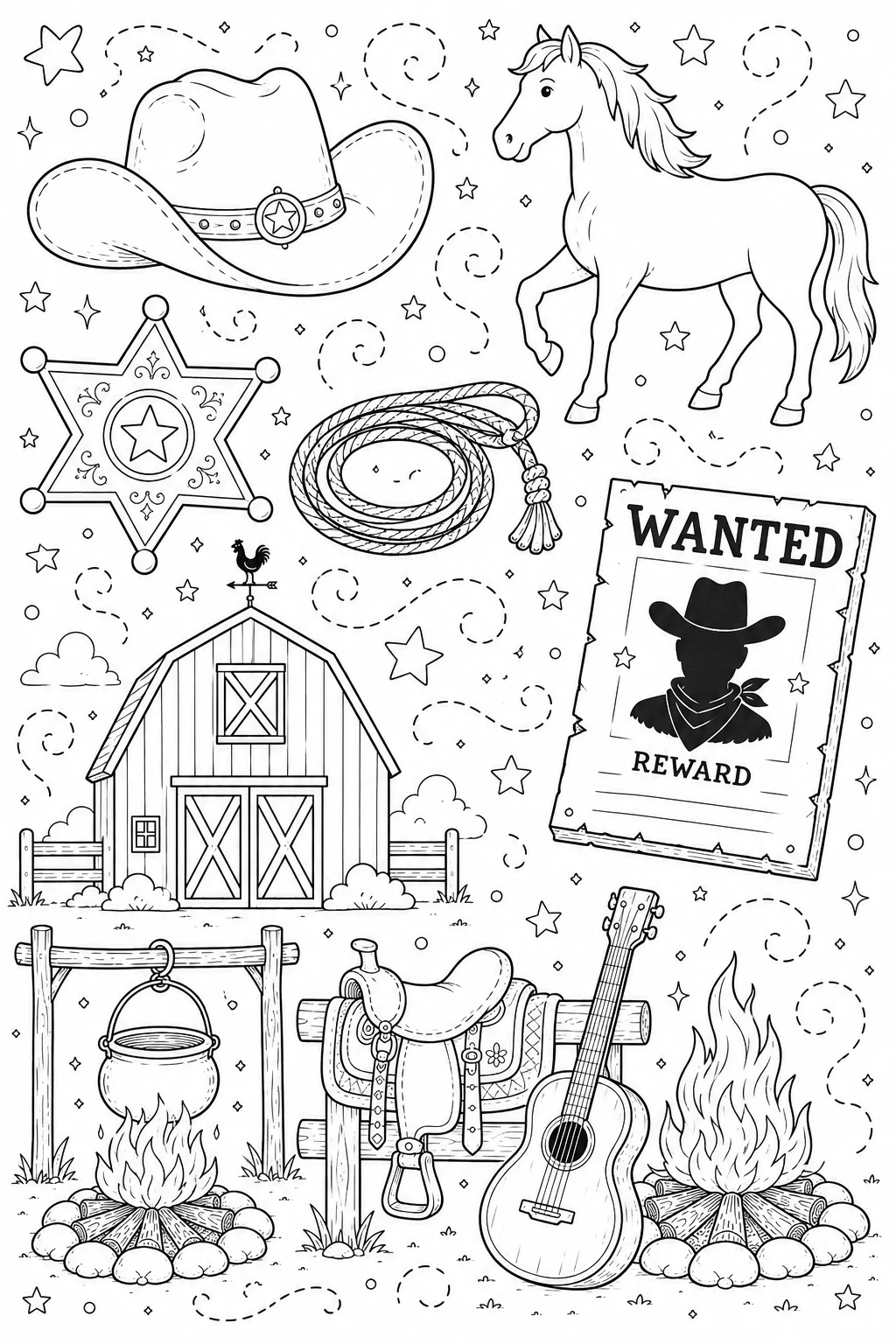 Printable Wild West Cowboy stetson cowboy hat and western guitar doodle coloring page sheet