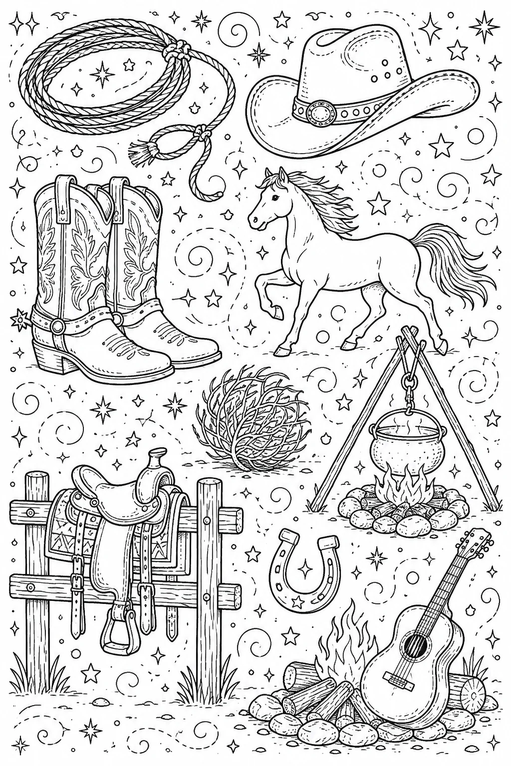 Printable Wild West Cowboy braided lasso rope and hanging horseshoe doodle coloring page sheet