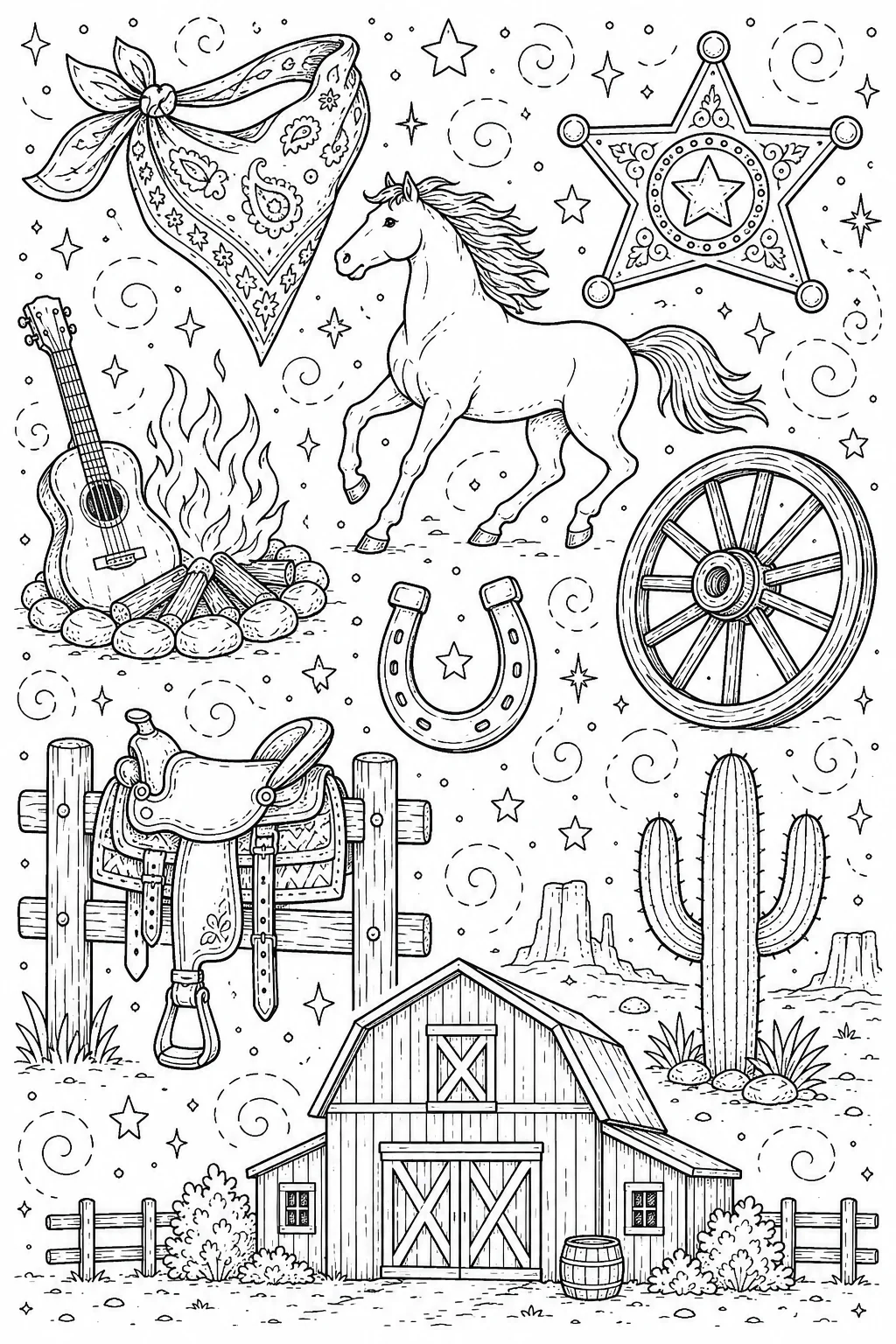 Printable Wild West Cowboy acoustic western guitar and campfire doodle coloring page sheet