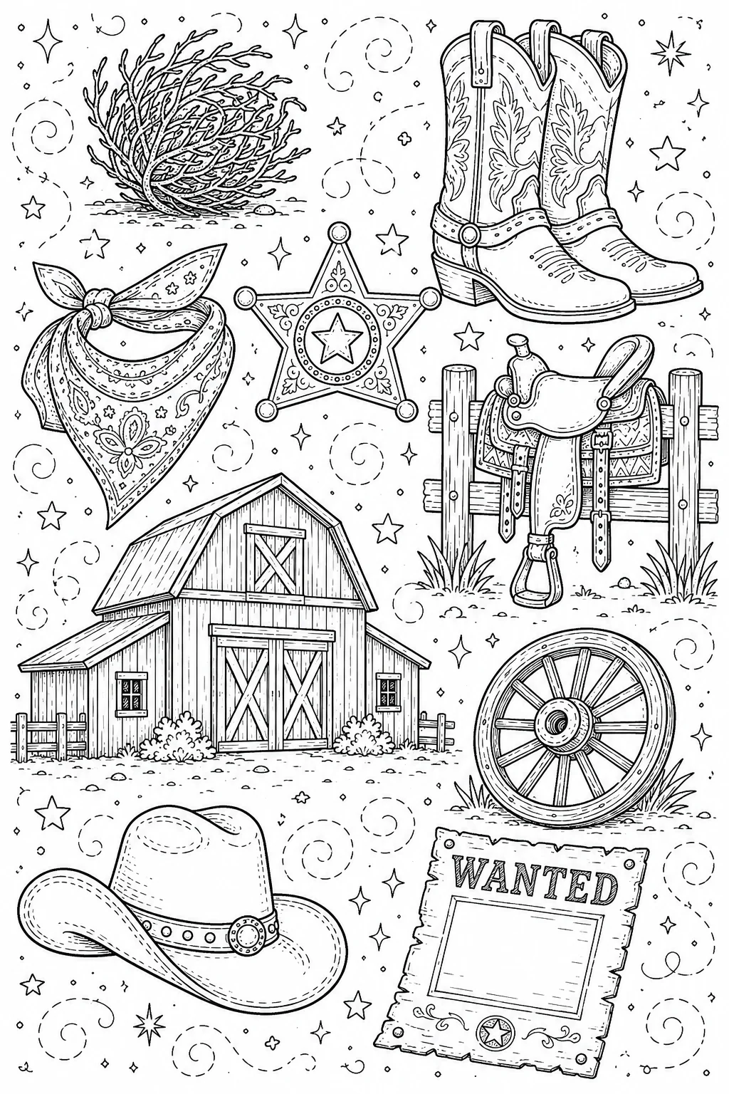 Printable Wild West Cowboy western wagon wheel and cowboy boots doodle coloring page sheet