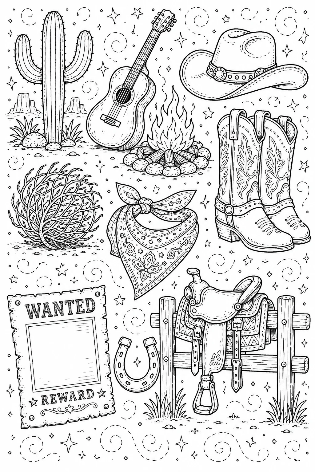 Printable Wild West Cowboy desert cactus and western barnyard doodle coloring page sheet