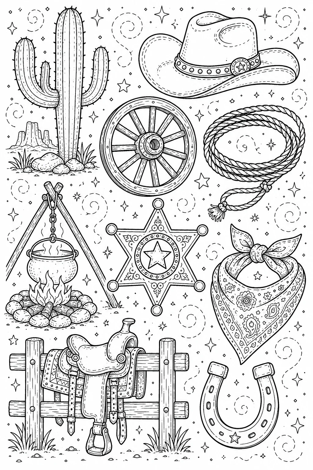 Printable Wild West Cowboy leather horse saddle and sheriff badge doodle coloring page sheet