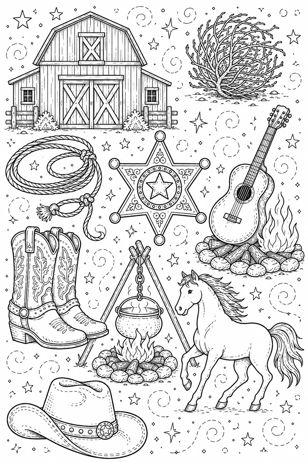 Printable Wild West Cowboy galloping horse and rustic ranch barn doodle coloring page sheet