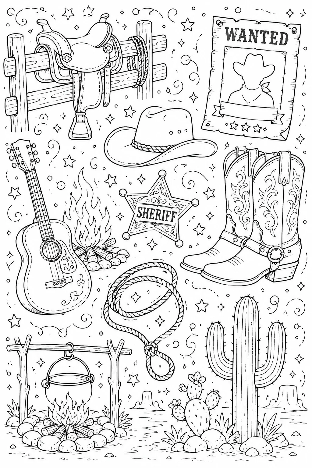 Printable Wild West Cowboy acoustic guitar and wanted poster doodle coloring page sheet