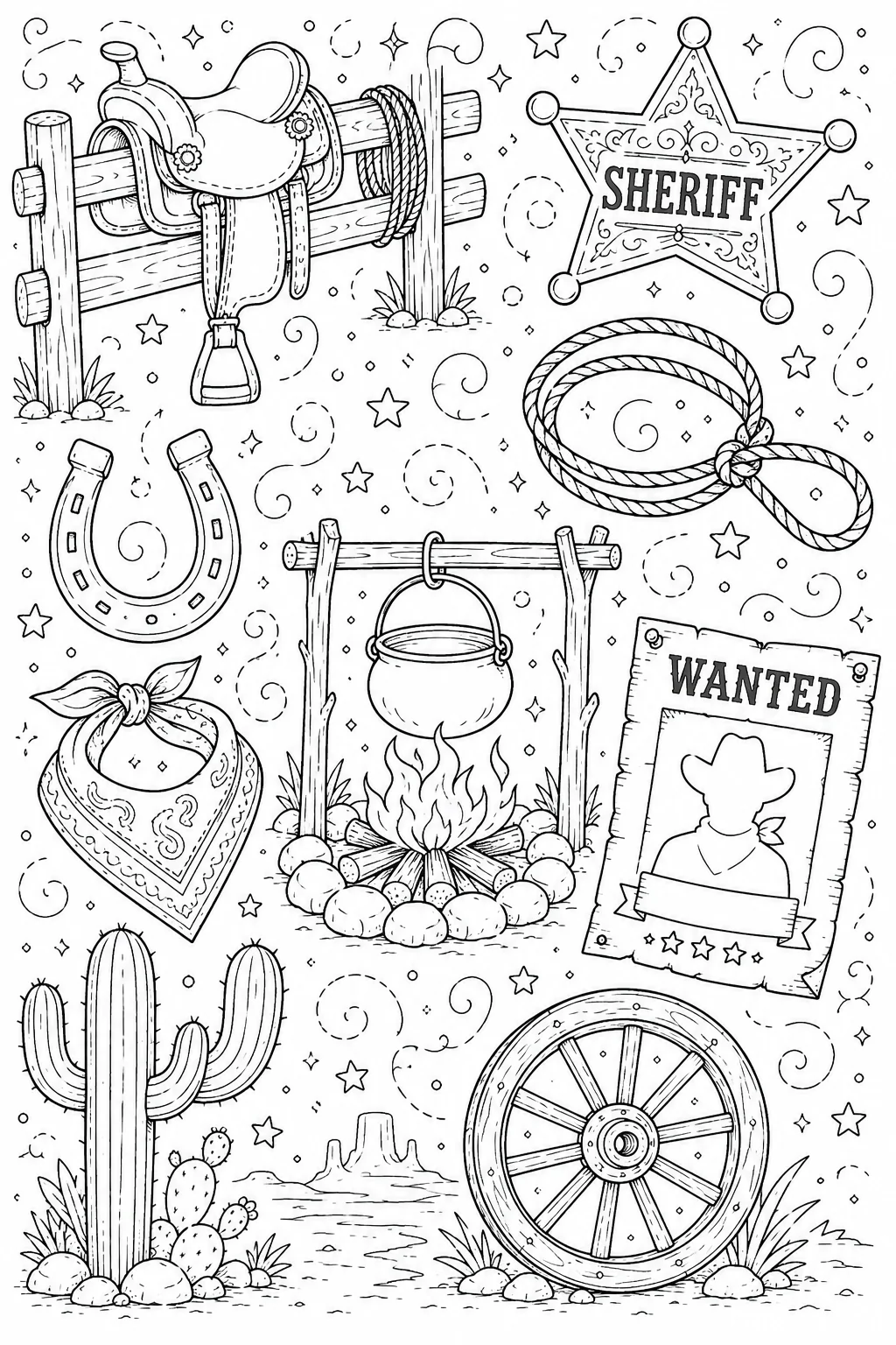 Printable Wild West Cowboy leather saddle on fence and desert cacti doodle coloring page sheet